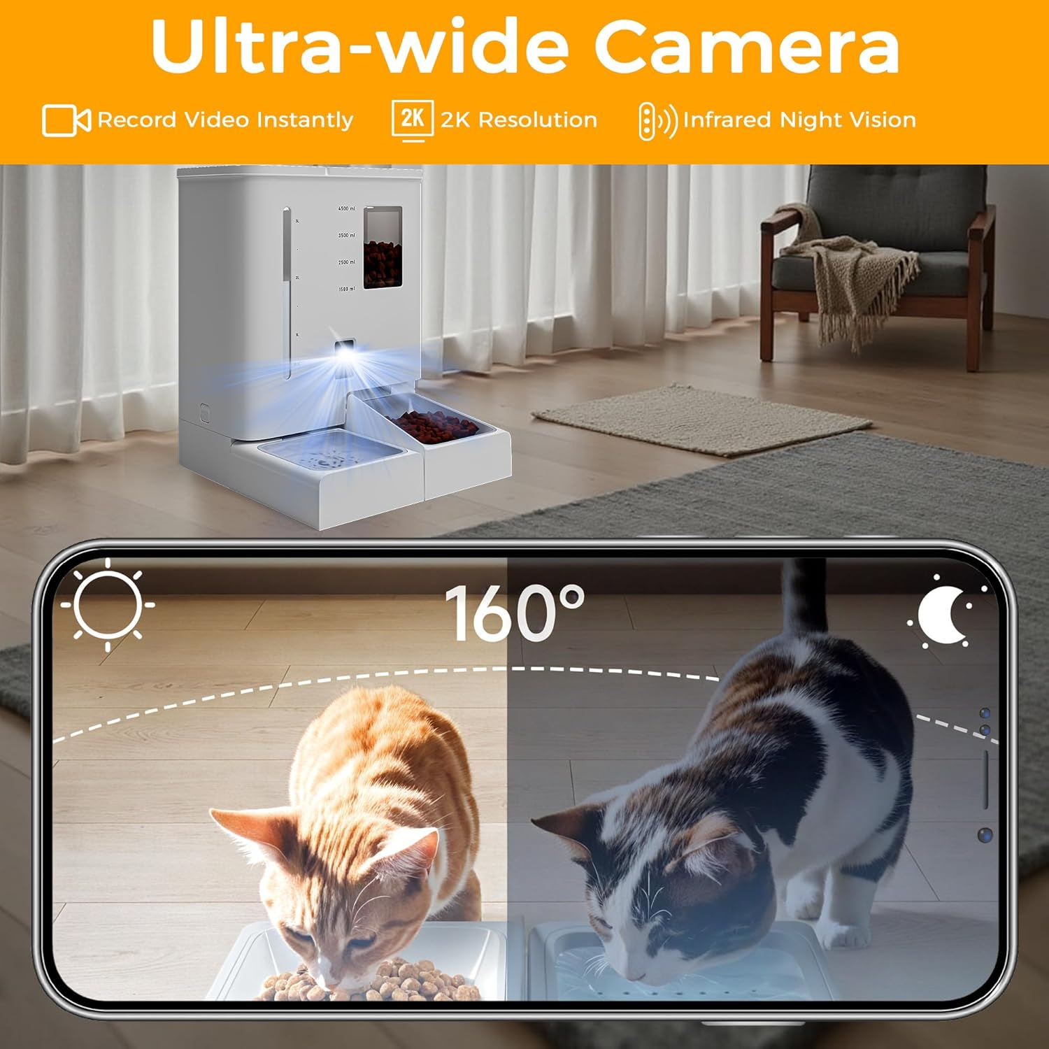 Advwin 2-In-1 Automatic Cat Feeder Waterer Set, 5G/2.4G Wifi Camera Pet Feeder with 2K HD Video and Night Vision, APP Control, Large Capacity Feeder for Cats and Small Dogs image number 6
