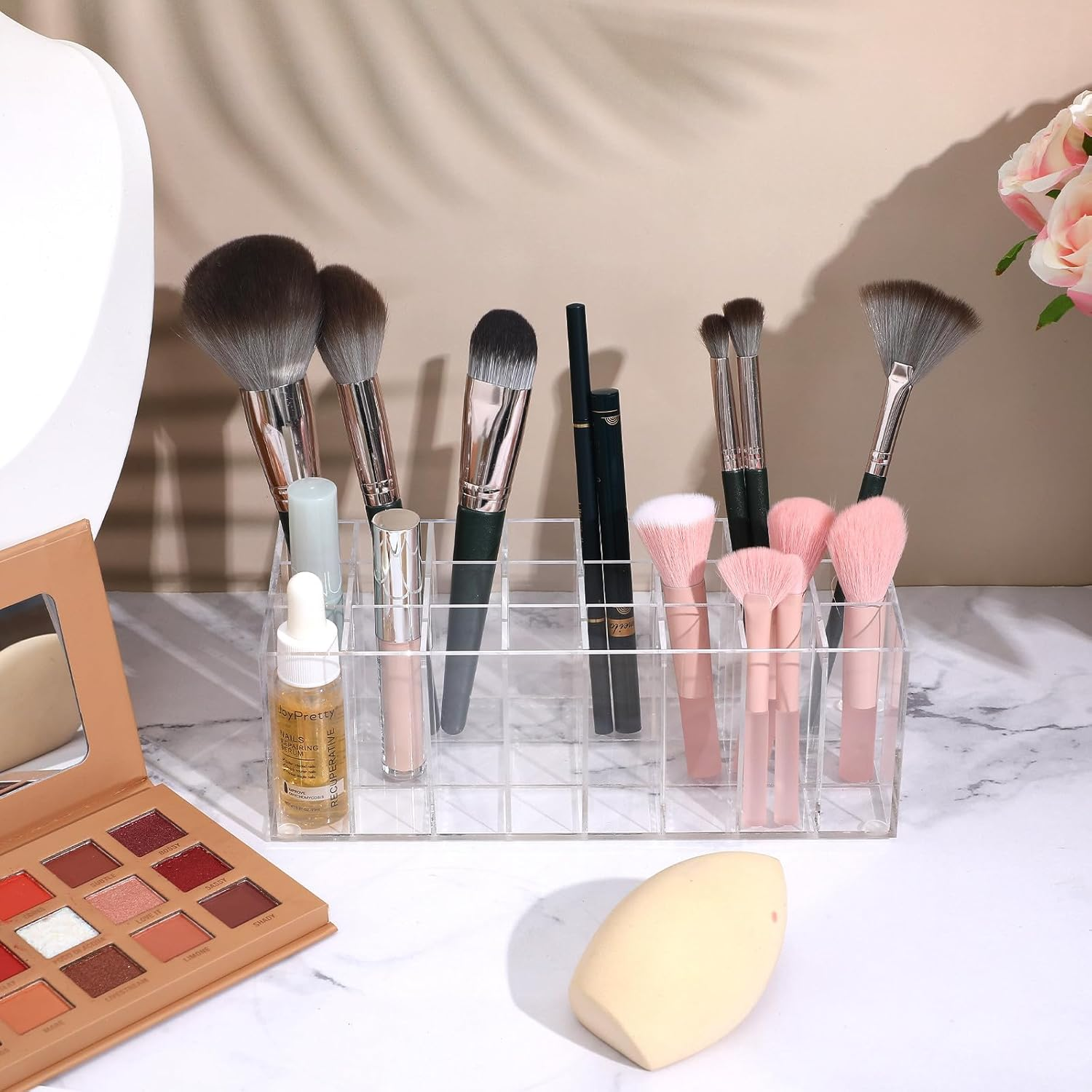 CHICAMPERA Transparent Acrylic Lip Gloss and Lipstick Holder with Compartments Makeup Storage Organizer Rack for Eyebrow Pencils and Cosmetics Capacity Desktop Display image number 6