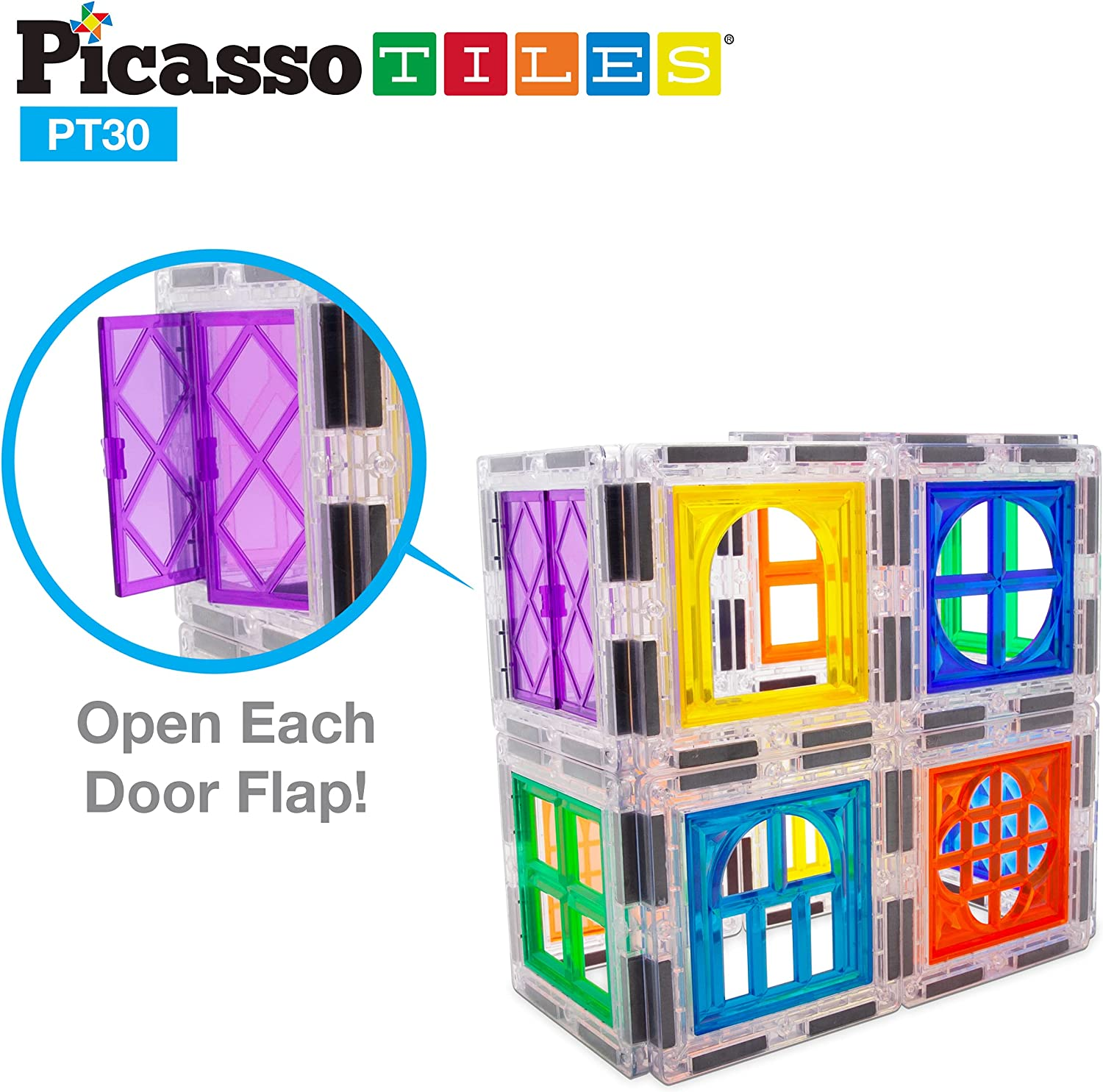 Picassotiles 30 Piece Window and Door Clip on Magnetic Blocks Magnet Tiles Magnets Building Tile Construction Toy Set STEM Education Toys Learning Kit Stacking Block Playset Boys & Girls Age 3+ PT30 image number 5