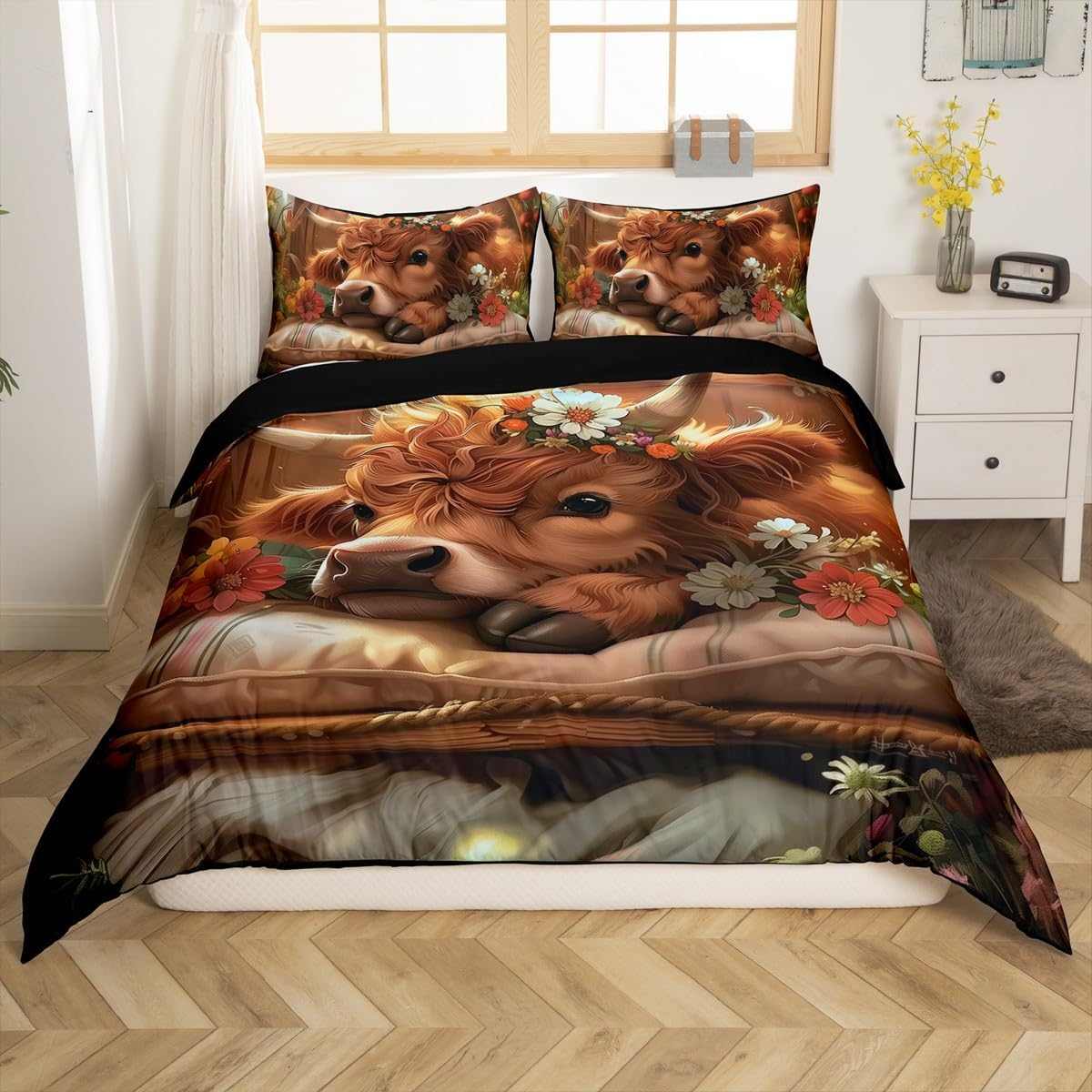 Homewish Cute Highland Cow Duvet Cover for Children Funny Cow Calf Bedding Set 135 X 200 Cm Western Farm Animal with Daisy Flowers Comforter Cover with 1 Pillowcase Bed Set image number 3