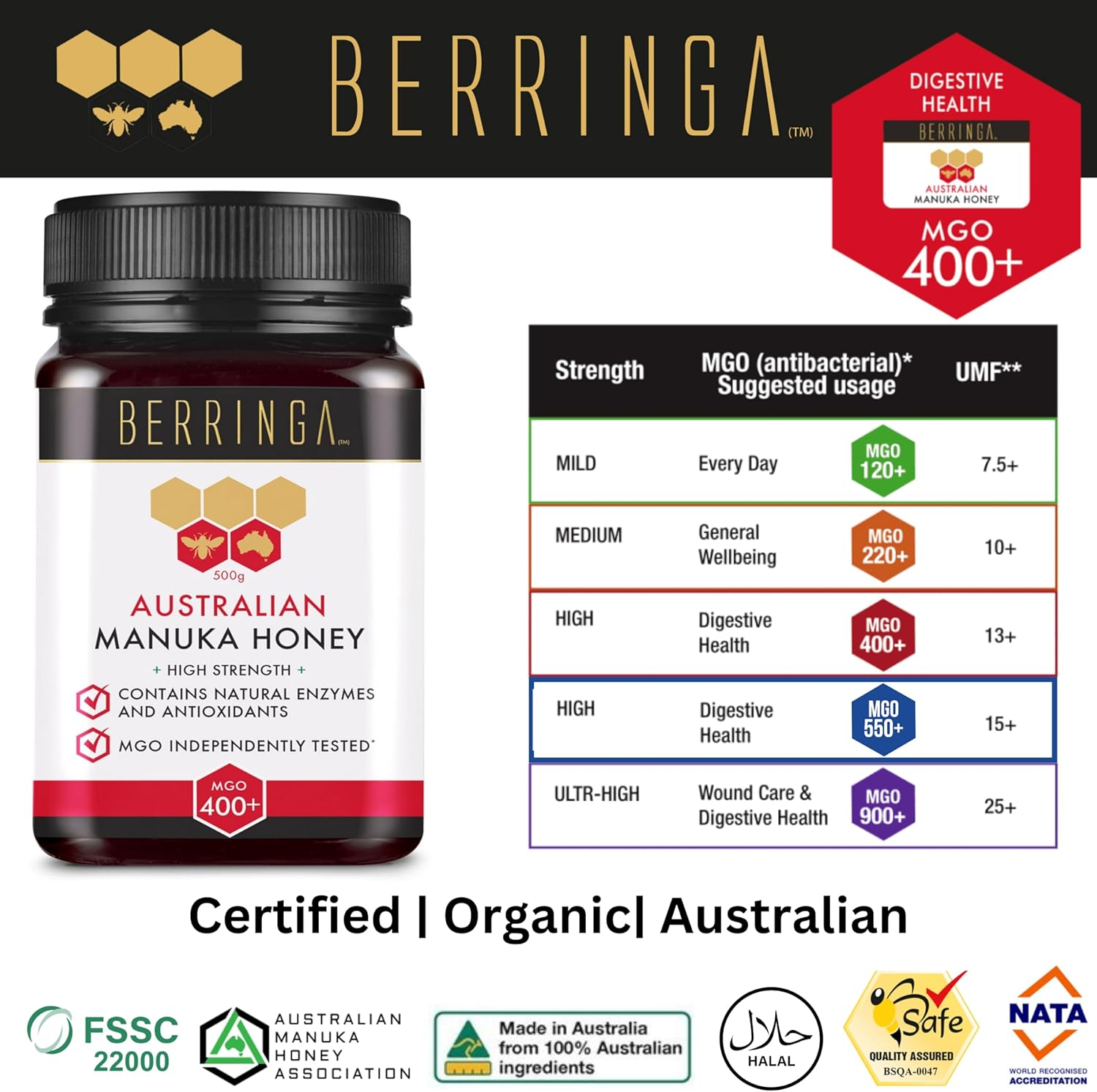 BERRINGA Bioctive Australian Raw Super Manuka Honey MGO 400+ 500G - 100% Pure Independently Tested, Certified, Traceable with Natural Enzymes, Antioxidants, Genuine Natural Superfood, Non GMO image number 2