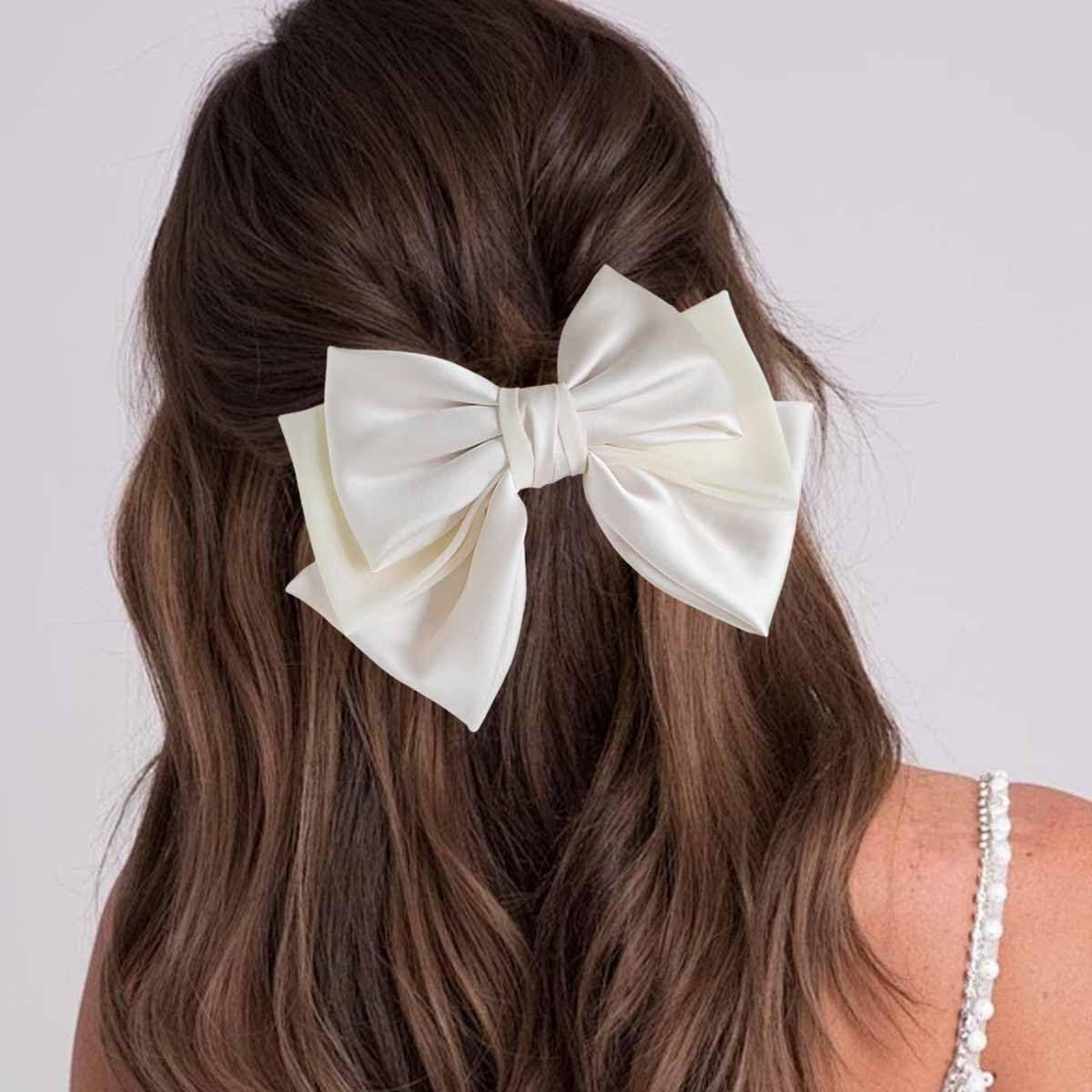 4 PCS Hair Bows for Women Girls Oversized Bow Hair Clips Black White Long Tail Hair Ribbon Metal Spring Clips Vintage Silky Satin Barrettes Ponytail Headdress French Large Bowknot Hair Accessories image number 1