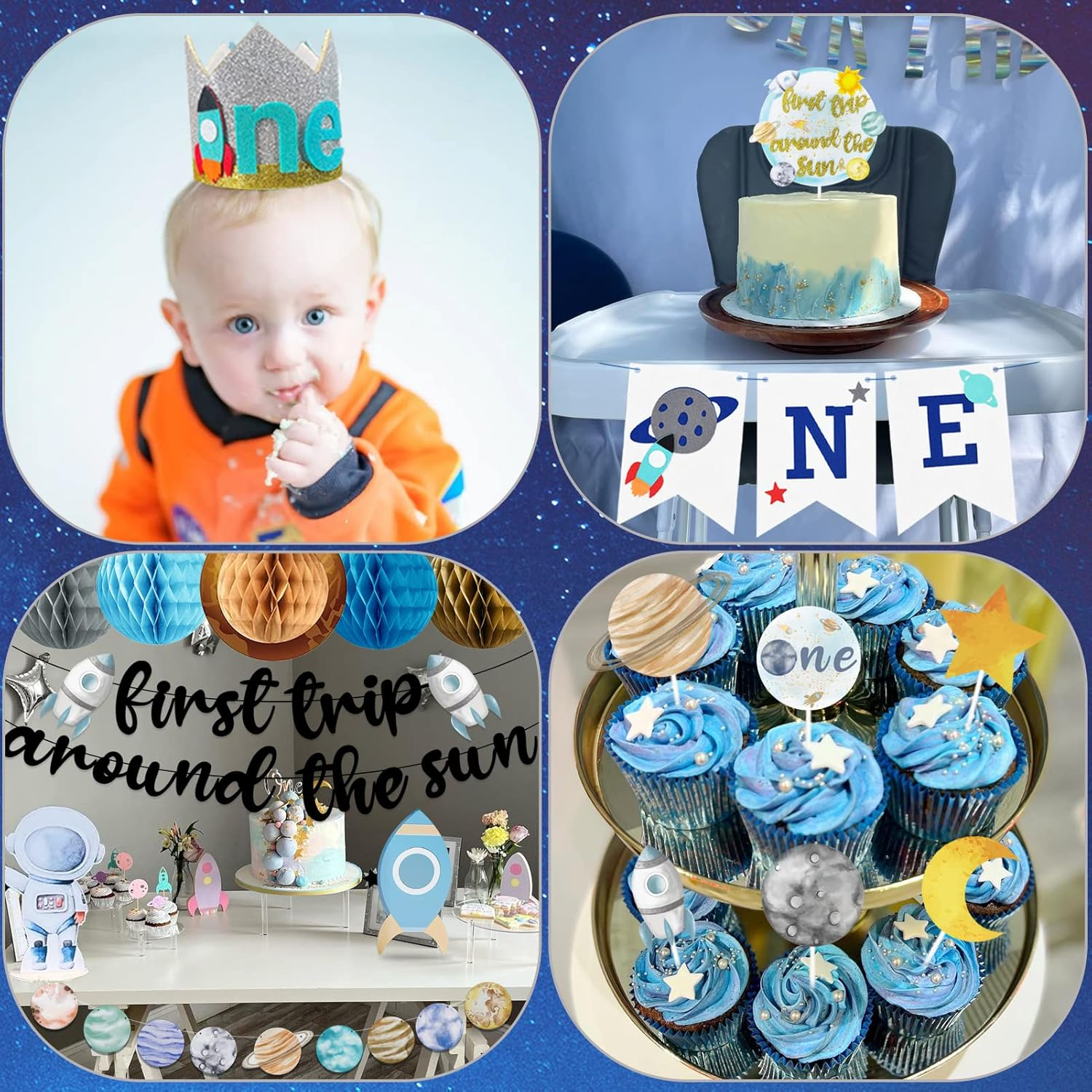 First Trip around the Sun Birthday Party Decoration Pack,1St Baby Shower Birthday Party Supplies(Including Banner, Star Garland, High Chair ONE Banner, Cake Toppers, Latex and Foil Balloons, Felt Hat) image number 2