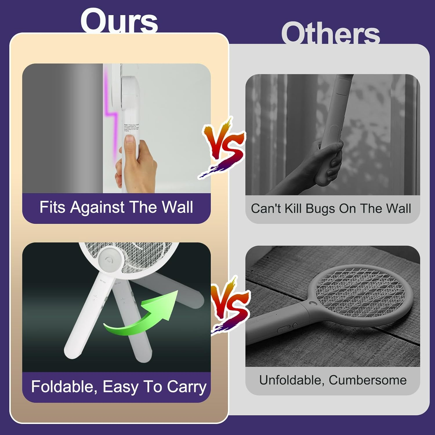 Foldable Electric Fly Swatter Racket, USB Rechargeable with 1200Mah Battery, Large 2 in 1 Bug Zapper Racket, Fly Killer and Mosquito Trap Lamp, for Indoor and Outdoor Home Backyard Patio Camping image number 5