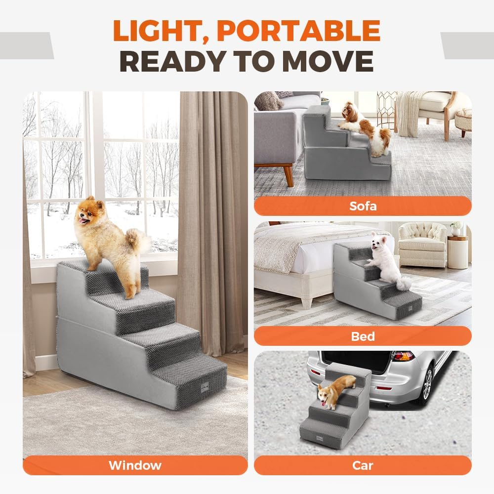 Petzly Dog Stairs for Bed, 4-Step 46CM Height Dog Steps for Small Dogs and Cats, High Density Foam Spliceable Pet Ramp, Non-Slip Balanced Dog Ramp Indoor, Grey image number 1