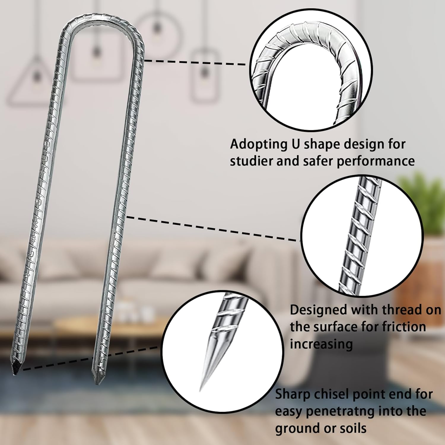 4Pcs 12 Inch Rebar Ground Stakes, Galvanized Tent Stakes U Shaped Metal Fences Stake Ground Anchors with Chisel Point End Yard Stakes Heavy Duty Ground Anchor Pegs for Camping Tent Garden image number 4