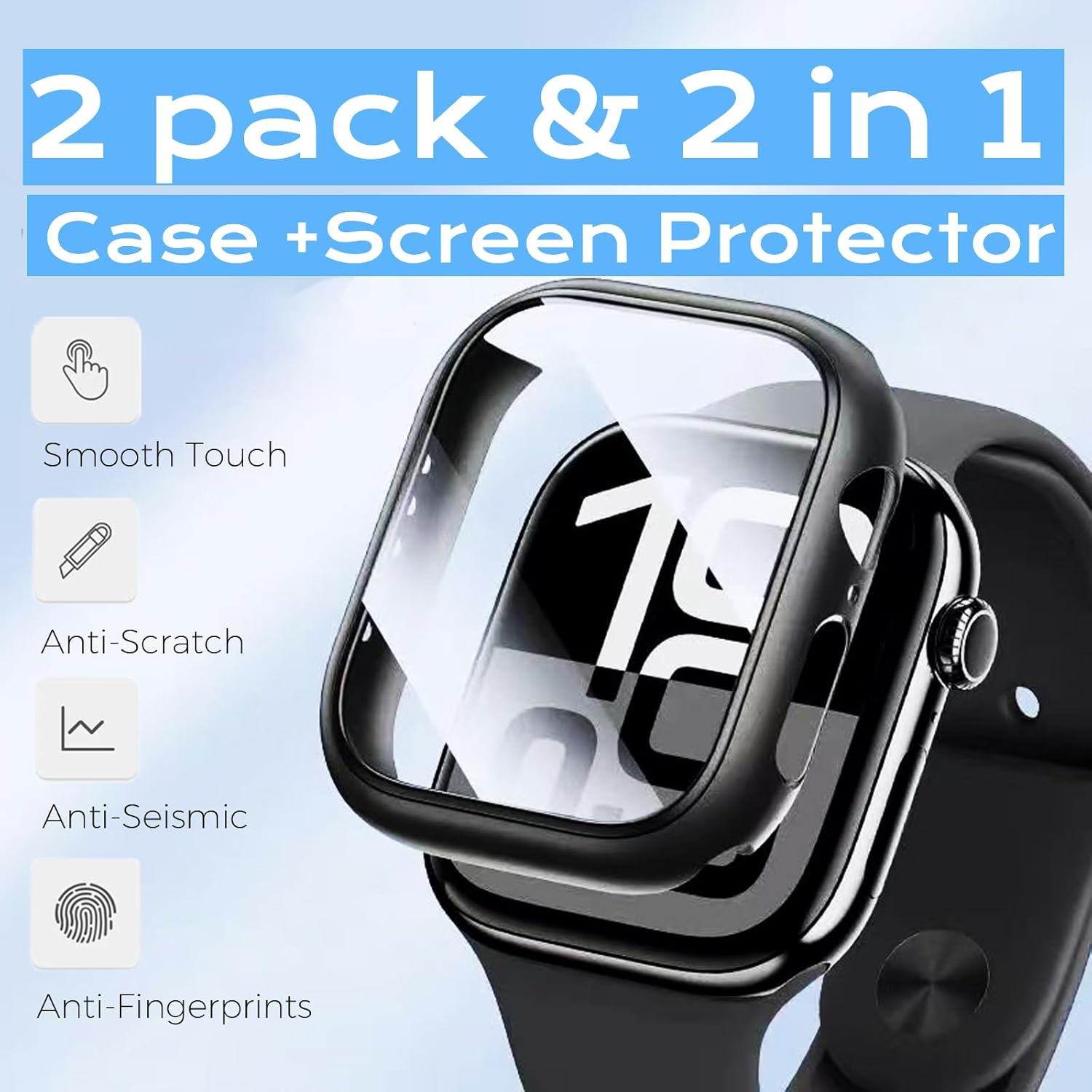 Case with Screen Protector for Apple Watch 9/8/7 45Mm, Full Protective Cover, Built-In Tempered Glass Film High Sensitivity, 2 Pack (Black) 45Mm image number 3