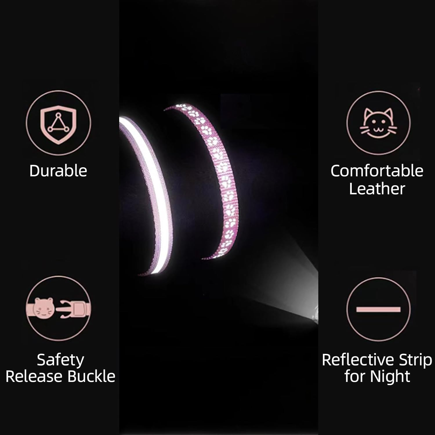 Kexkceql 2-Pack Adjustable Cat Collar for Apple Airtag，2 Styles (Footprint & Reflective)，Pet Anti-Lost GPS Collars with Safety Buckle，Pink, M (7.5-12.6 Inches) image number 2