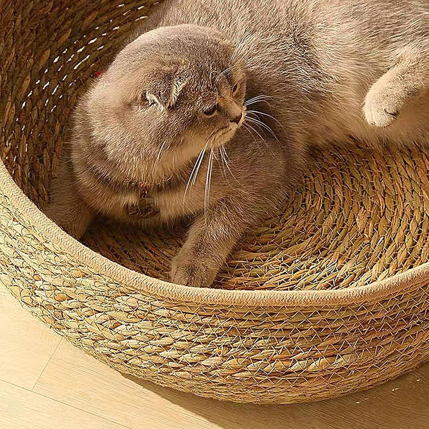 Cat Basket Bed - Woven Cat Bed Basket with Cushion and Pillow - All Season Weaving Pet Sleeping Resting Scratching Furniture for Puppy Dog Kitten image number 2