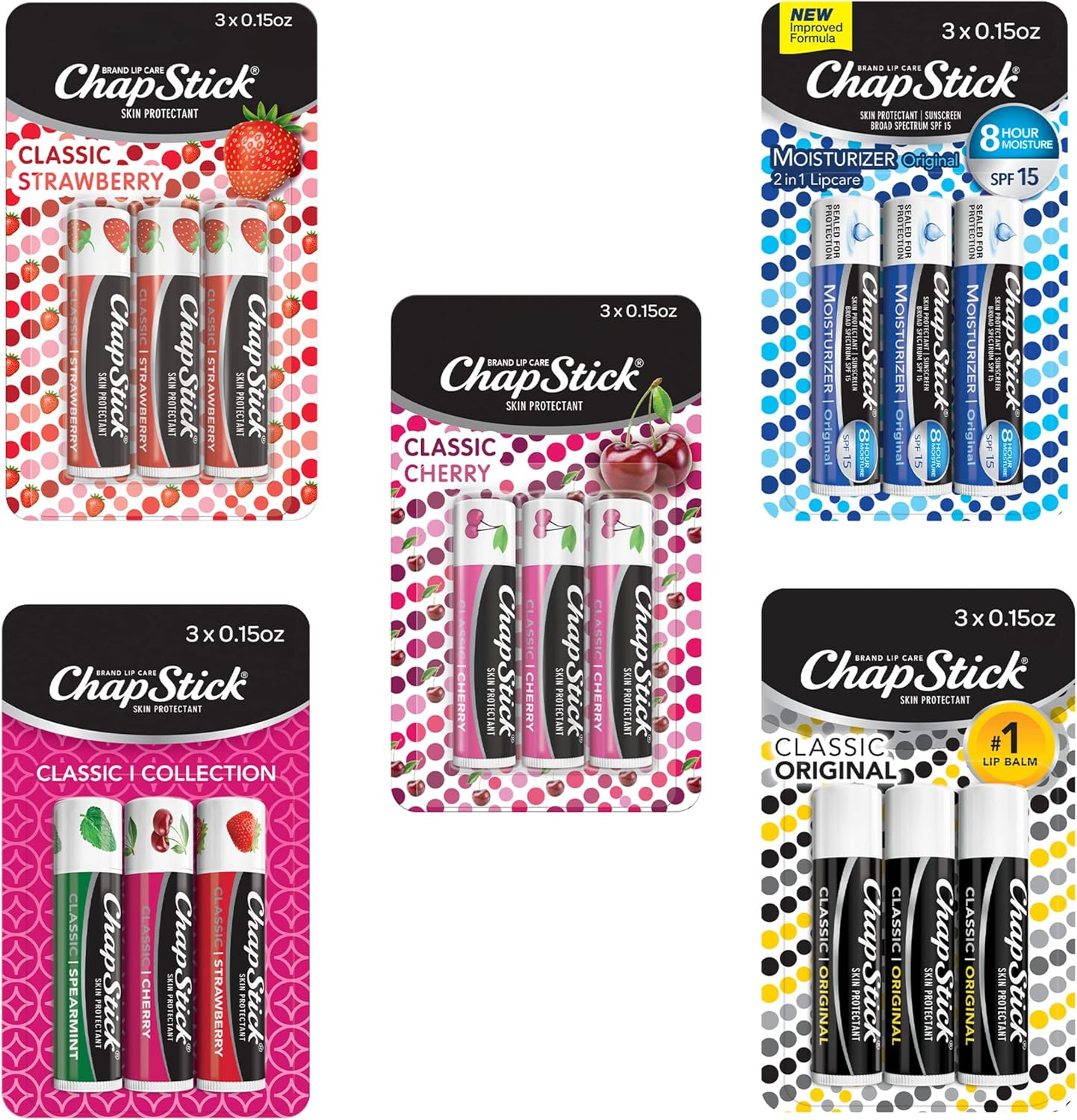 Chapstick Classic Collection Lip Balm Pack, Original, Cherry, Strawberry & Lip Moisturizer - Great Gifts for Women & Men and Stocking Stuffers,3 Count,Pack of 5 image number 6
