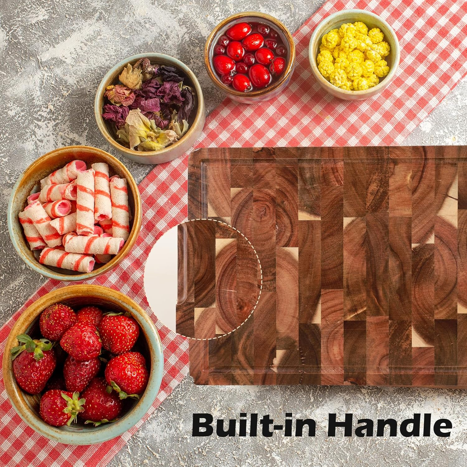 Bierofaro Thick End Grain Acacia Wood Cutting Board, Reversible Wooden Chopping Board with Non-Slip Feet, Built-In Handles and Juice Groove,35 * 25 * 2.8Cm