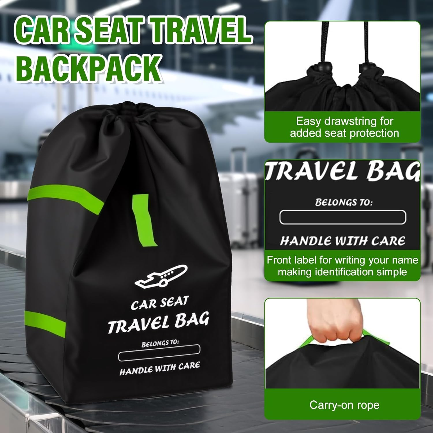 Car Seat Bag for Air Travel &ndash; Durable Padded Baby Carseat Cover for Air Travel, Fits Single/Double/Jogging Strollers &ndash; Gate Check Bag for Easy Tra image number 2