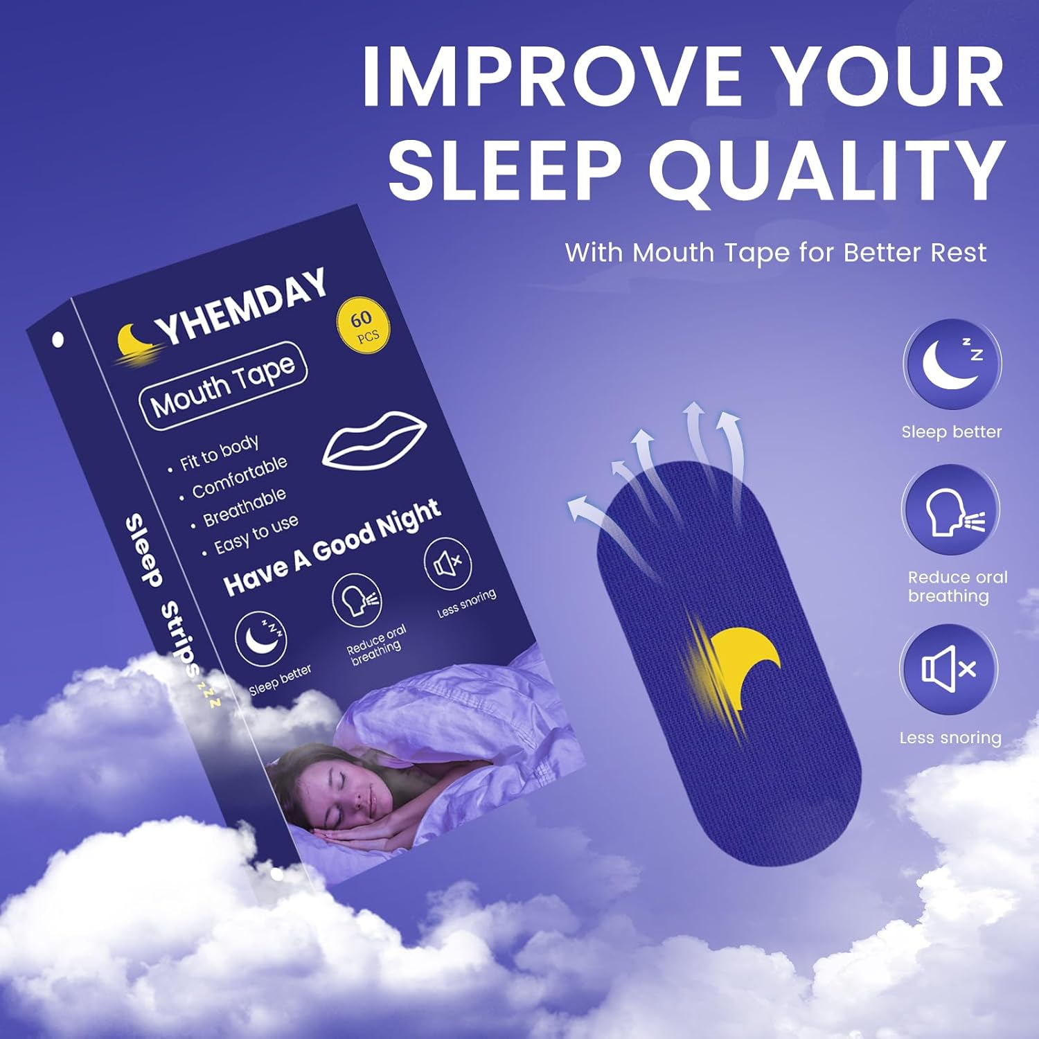 Mouth Tape for Sleeping | anti Snoring Sleep Tape | Soft & Hypoallergenic | Improve Sleep Quality & Nasal Breathing | Premium Cotton | Suitable for Men and Women (Blue, 90 Pcs) image number 1