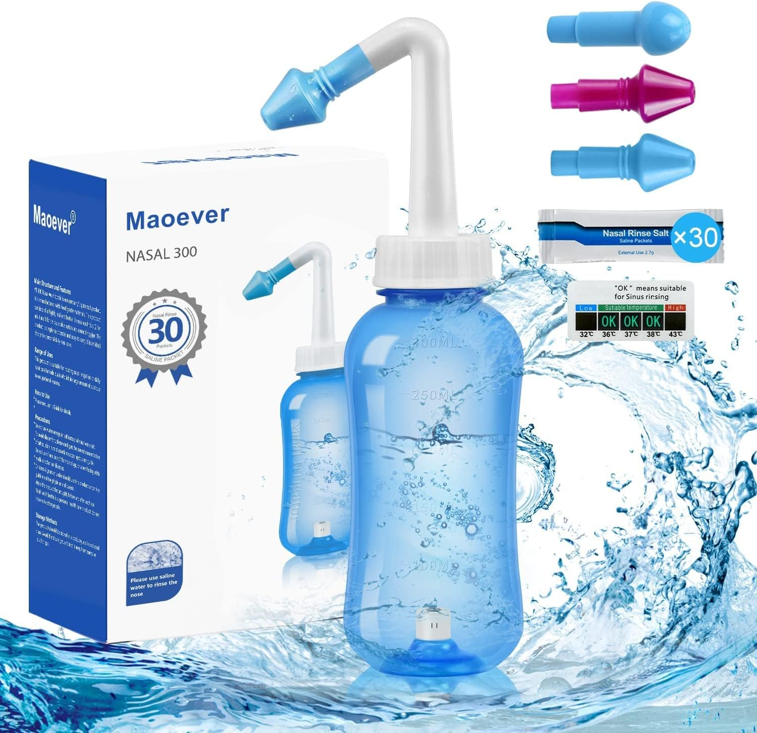 MAOEVER Neti Pot Sinus Rinse Nasal Wash 300ML Neti-Pot with 30 Nasal Wash Salt Packets and Sticker Thermometer Nose Cleaner Washing Bottle Cleaner Pressure Irrigation for Adult & Kid BPA Free (Blue)