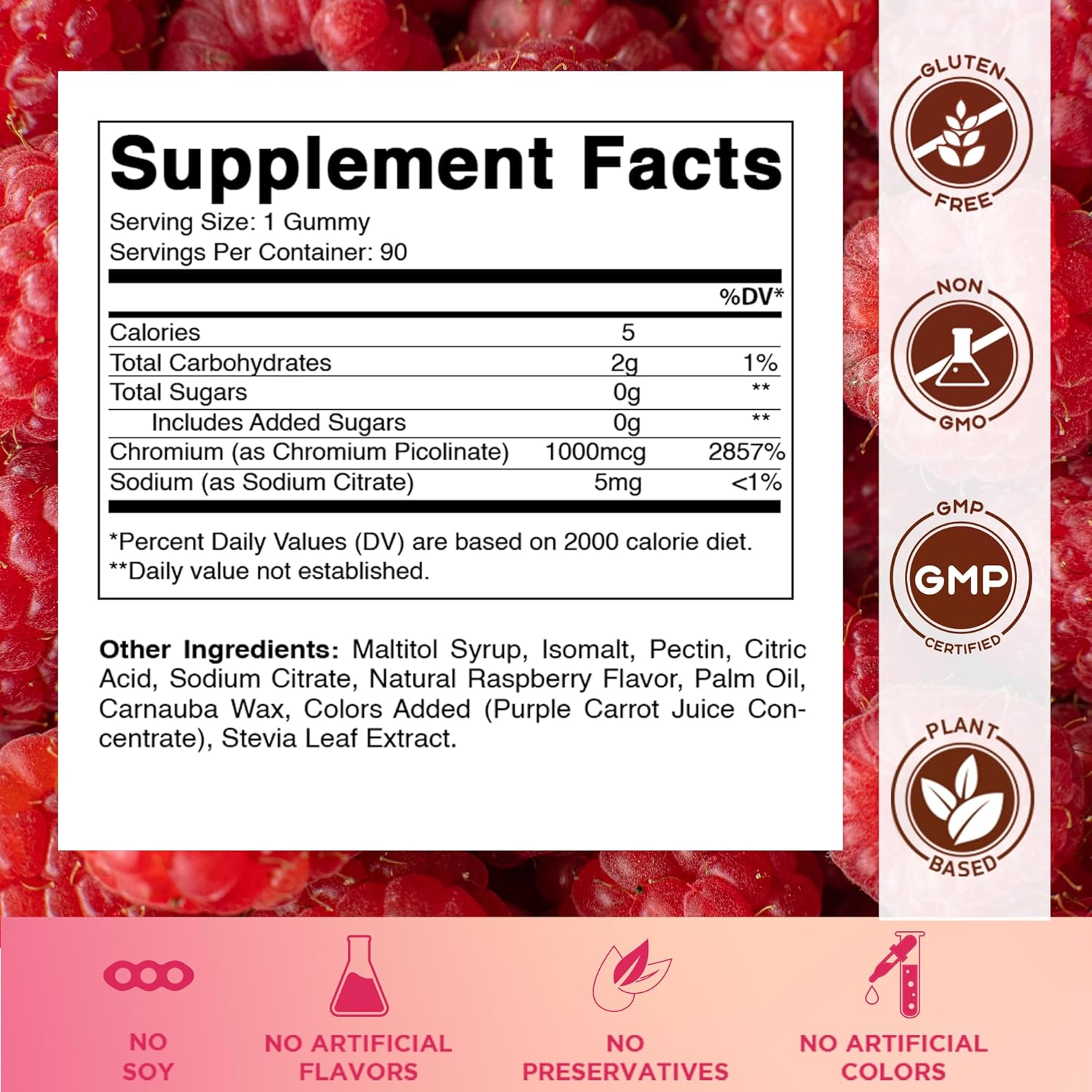 Vitamatic Chromium Picolinate 1000 Mcg - 90 Gummies - High Potency Chromium - Raspberry Flavor image number 2