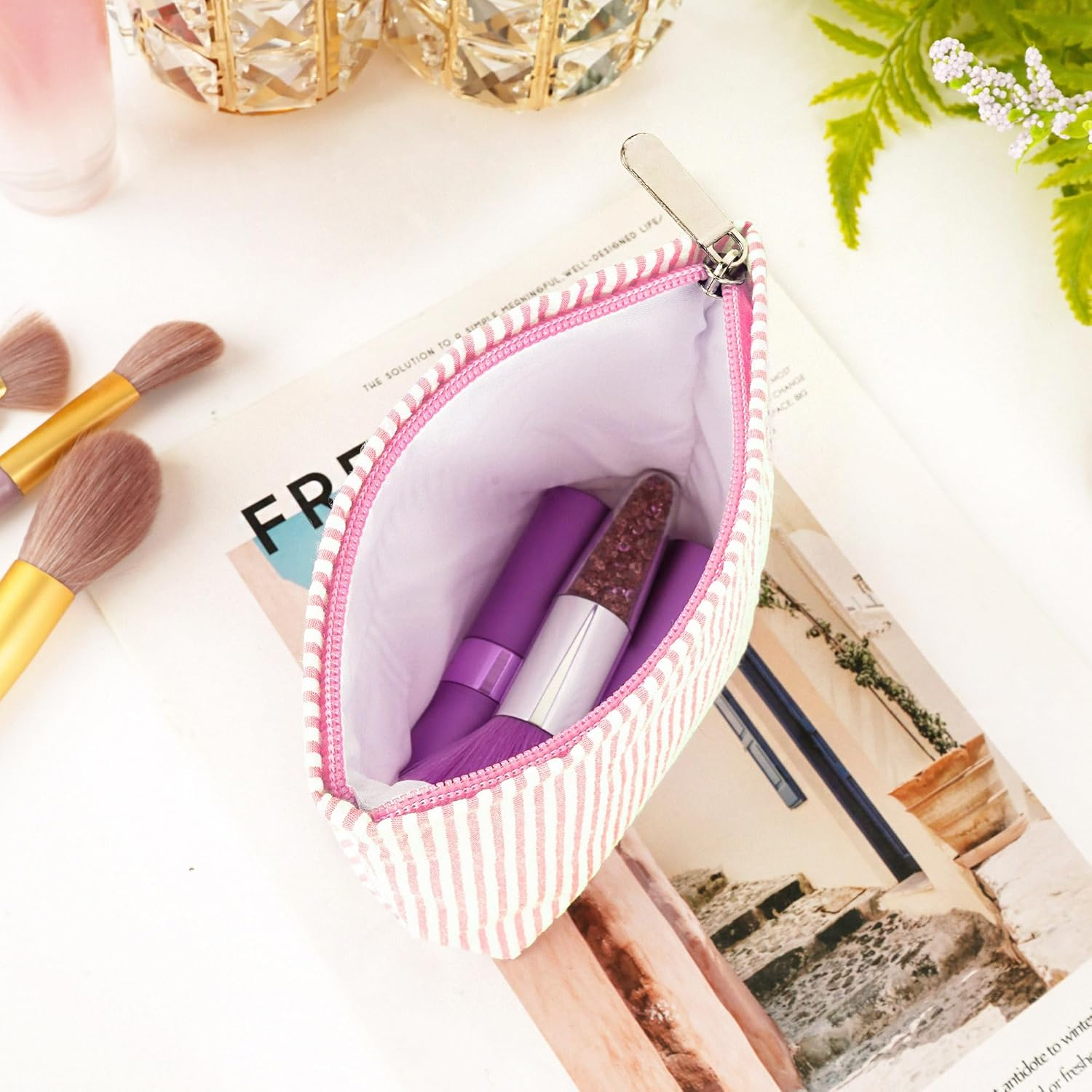 Reignsword 2 Pack Travel Cosmetic Bag, Fashion Stripes Makeup Bag Organizer, Portable Toiletry Bag Zipper Pouch for Women (Black & Pink)