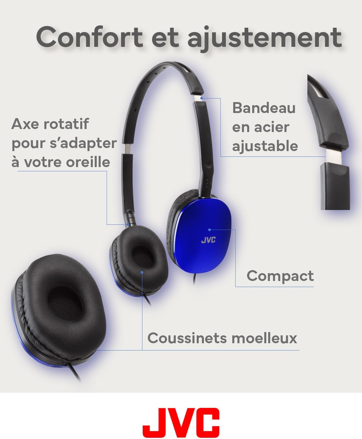 JVC HA-S160M-A Flats Foldable and Compact Headphones in Glossy Trendy Colour, with Switch for Microphone On/Off, Ideal for Teleworking and Online Seminars (Blue)