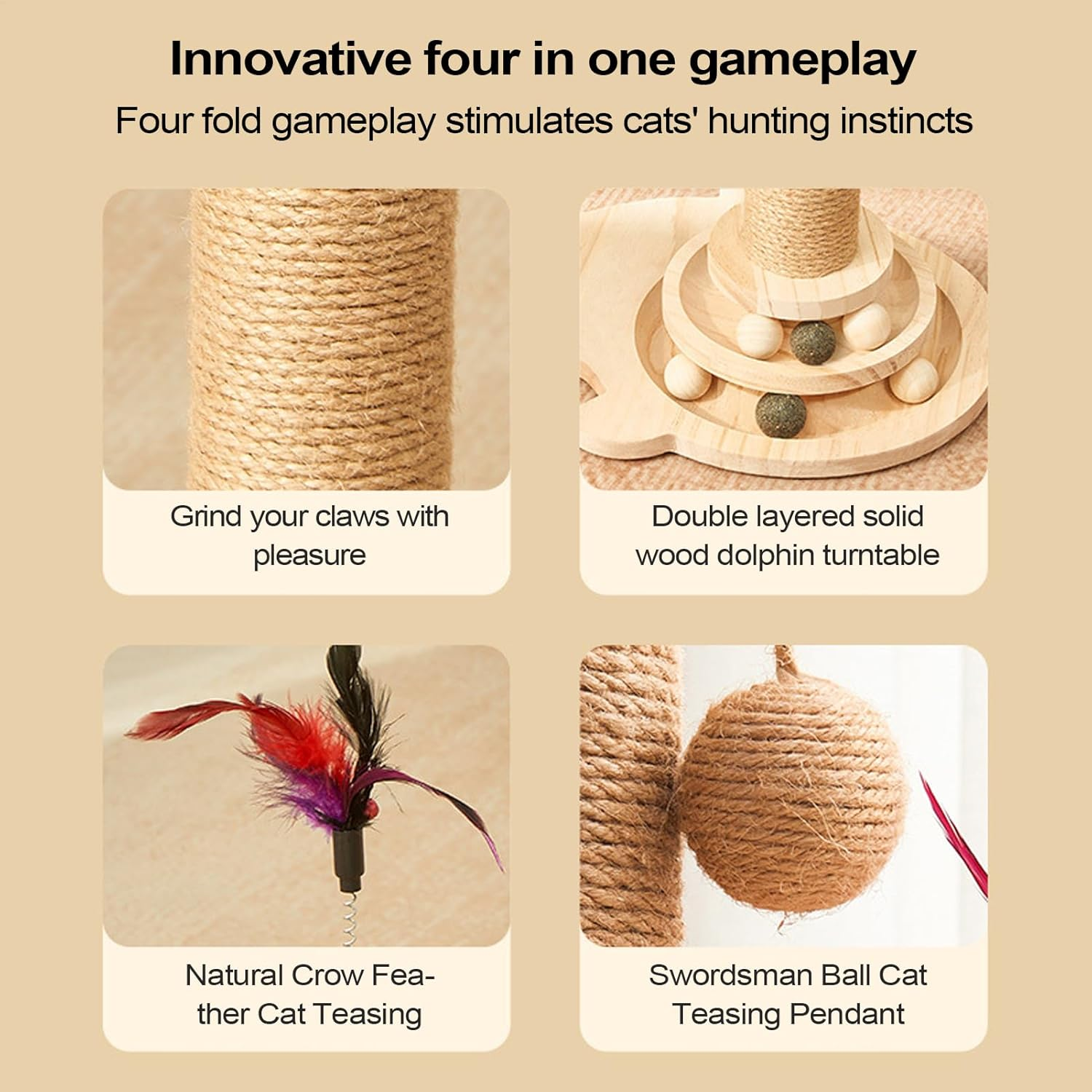 Cat Post Scratcher | Indoor Cat Puzzle Toy | Multifunctional Pet Teaser Toy for Physical Exercise, 4-In-1 Kitten Scratcher Post image number 3