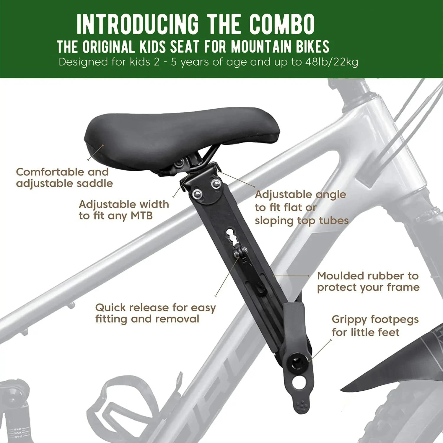 Child Bike Seat with Handlebar Attachment, Front Mount Kids MTB Bike Seat with Foot Pedals for Age 2 - 5 Children, Compatible with All Adult Mountain Bikes image number 6