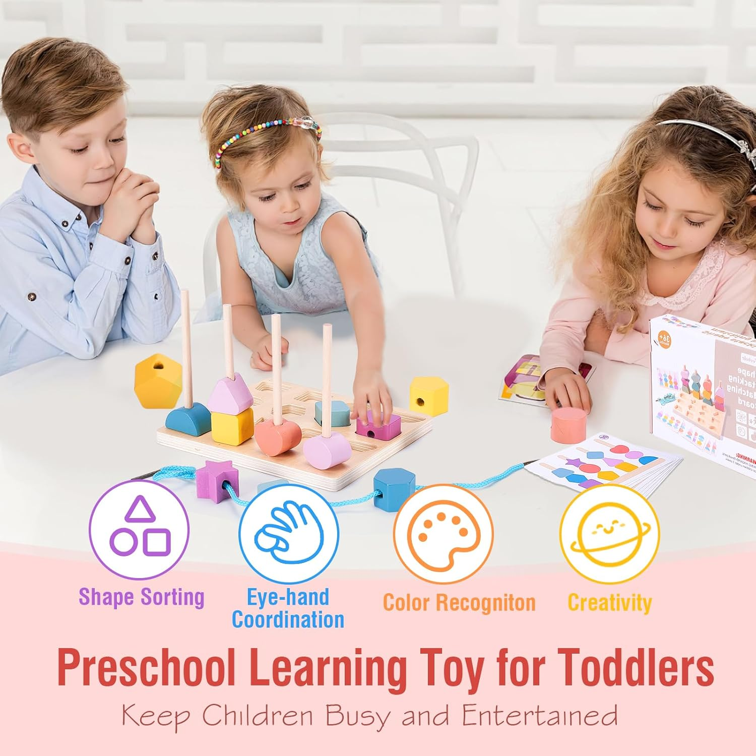 Montessori Wooden Beads Sequencing Toys, 3 in 1 Stacking Blocks & Lacing Beads & Matching Shape Stacker for 2 3 4 5 Year Old STEM Preschool Learning Montessori Toys Gifts for Kids Boy Girl Toddler image number 2