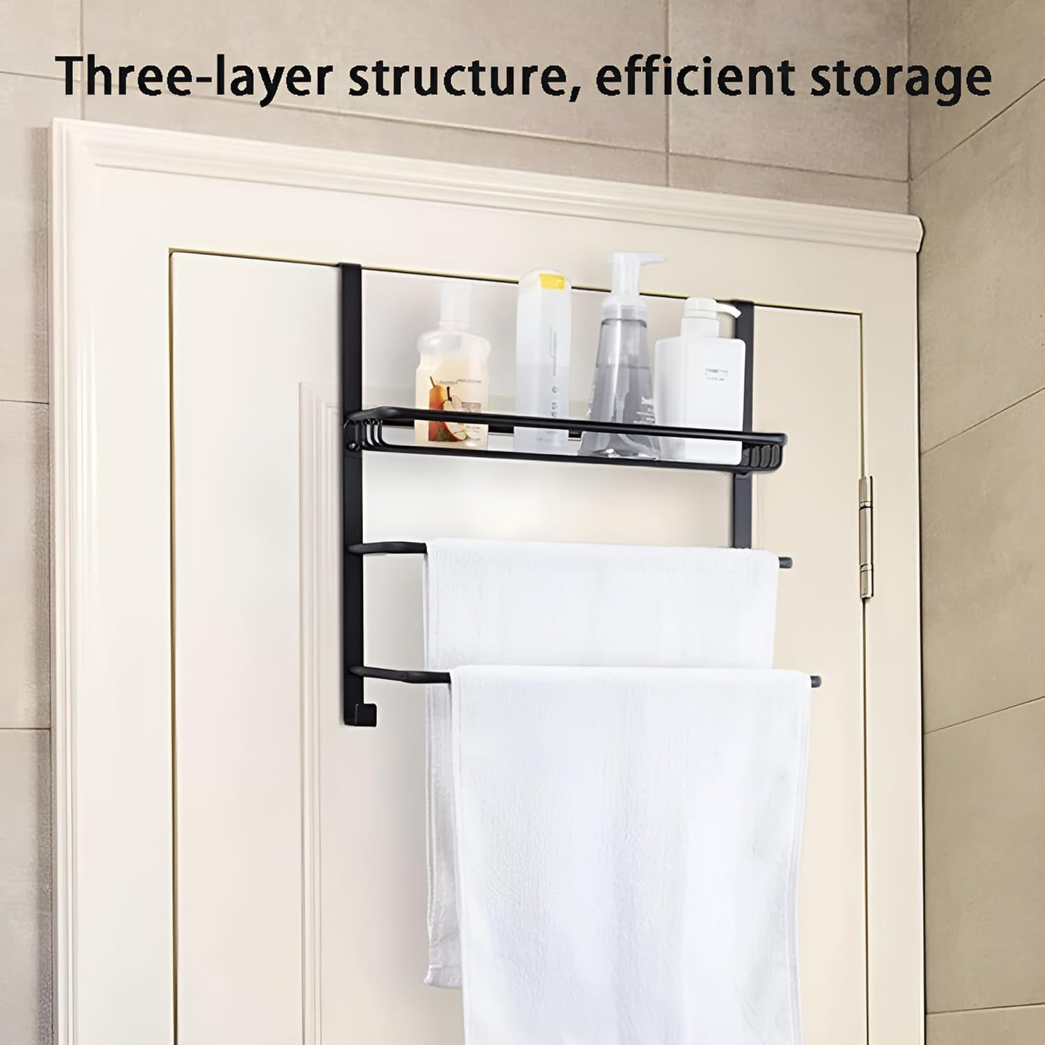 3-Tier Door Towel Rack,Large Capacity Organizer,Behind Door Towel Bar,Punch Free Pylons,Bathroom Storage Shelves,Wall Mount Towel Holder,For Shower Room image number 3
