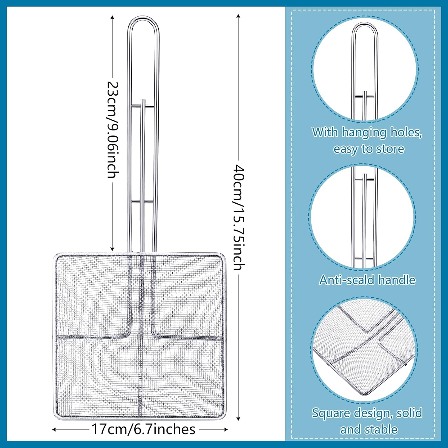Mumufy 2 Pcs Square Fine Mesh Skimmer Spider Strainer Oil Skimmer for Deep Fryer Frying Scoop Stainless Steel Spider Strainer with Long Handle for Kitchen Swimming Pools Fried Food (6.7 X 6.7 Inch) image number 1