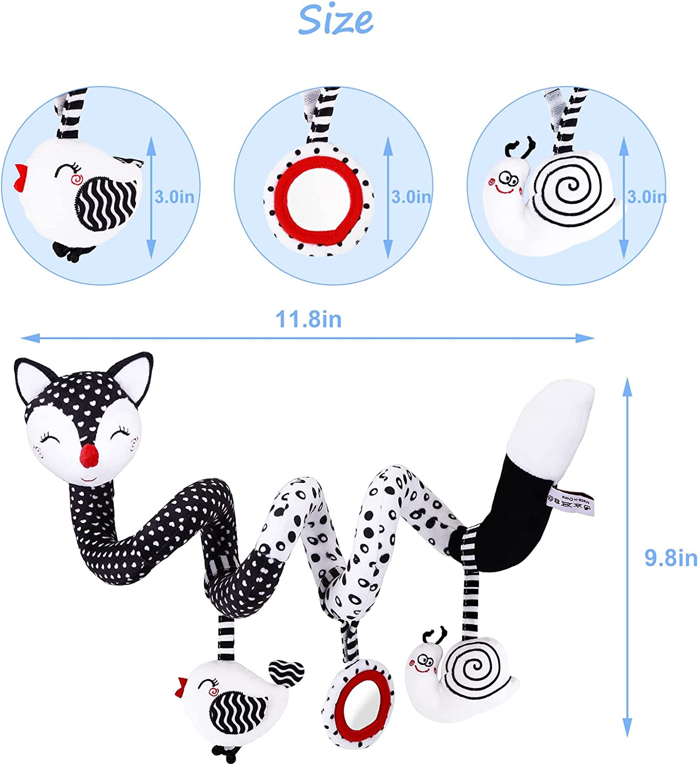 Spiral Hanging Stroller Baby Toys : Newborn Hanging Spiral Activity Black and White Dangling High Contrast Toy Musical Wrap Sensory Babies Infant Toys for Car Seat Stroller Mobile Bassinet Pram image number 2