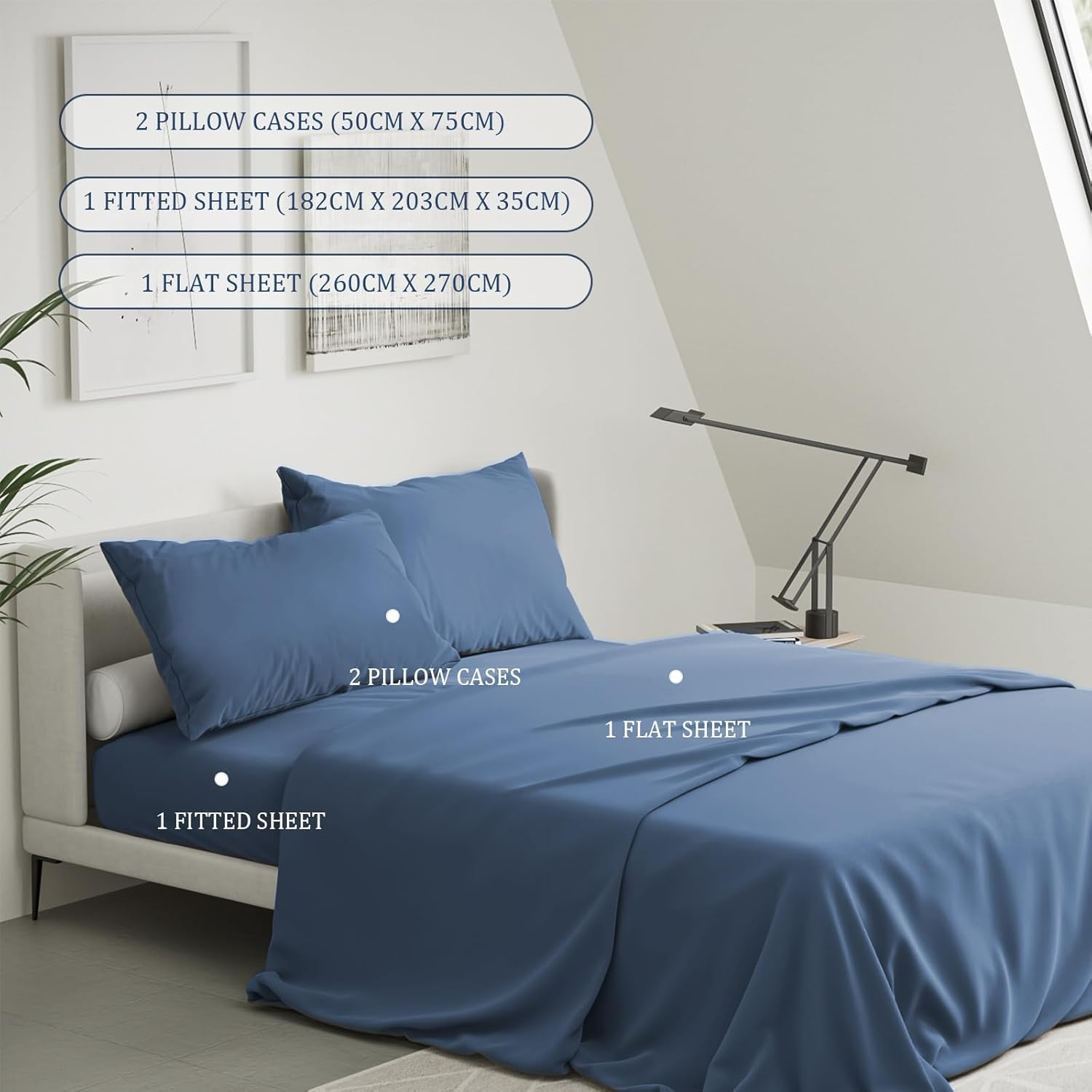 RUN HELIX 4 Pieces King Bed Sheet Set - Ultra Soft Microfibre Fabric Fitted Sheet with 35Cm Deep Pocket, Mattress Protector, Easy Care, Wrinkle Free, Fitted Sheet & Flat Sheet & 2 Pillowcases, Blue image number 2