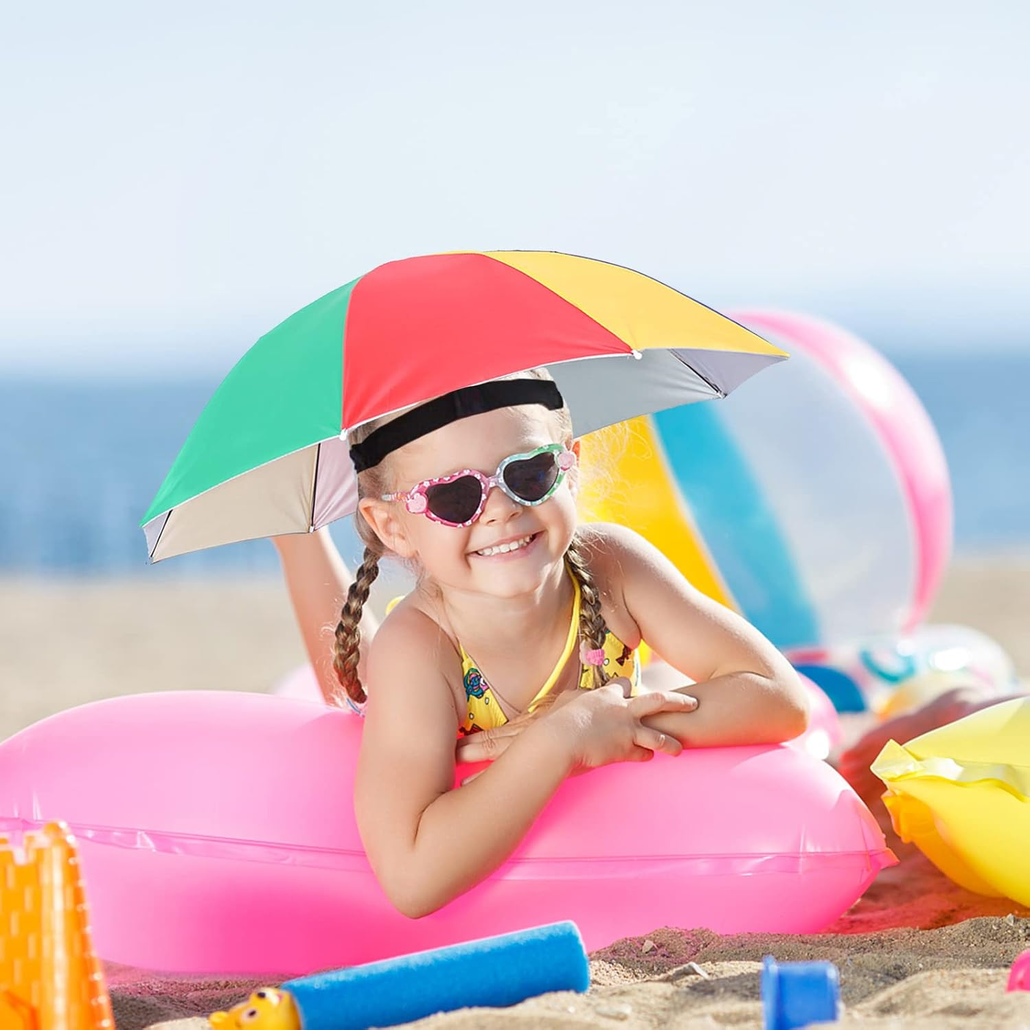 MUFEKUM 4 Pack Umbrella Hats, 20.5" Hands-Free Head Umbrella Hats for Kids, Folding Waterproof Umbrella Cap with Head Strap for Outdoor Party, Fishing, Sun, Rain, Beach, Golf, Hiking - 26.4"-4 Colors image number 4