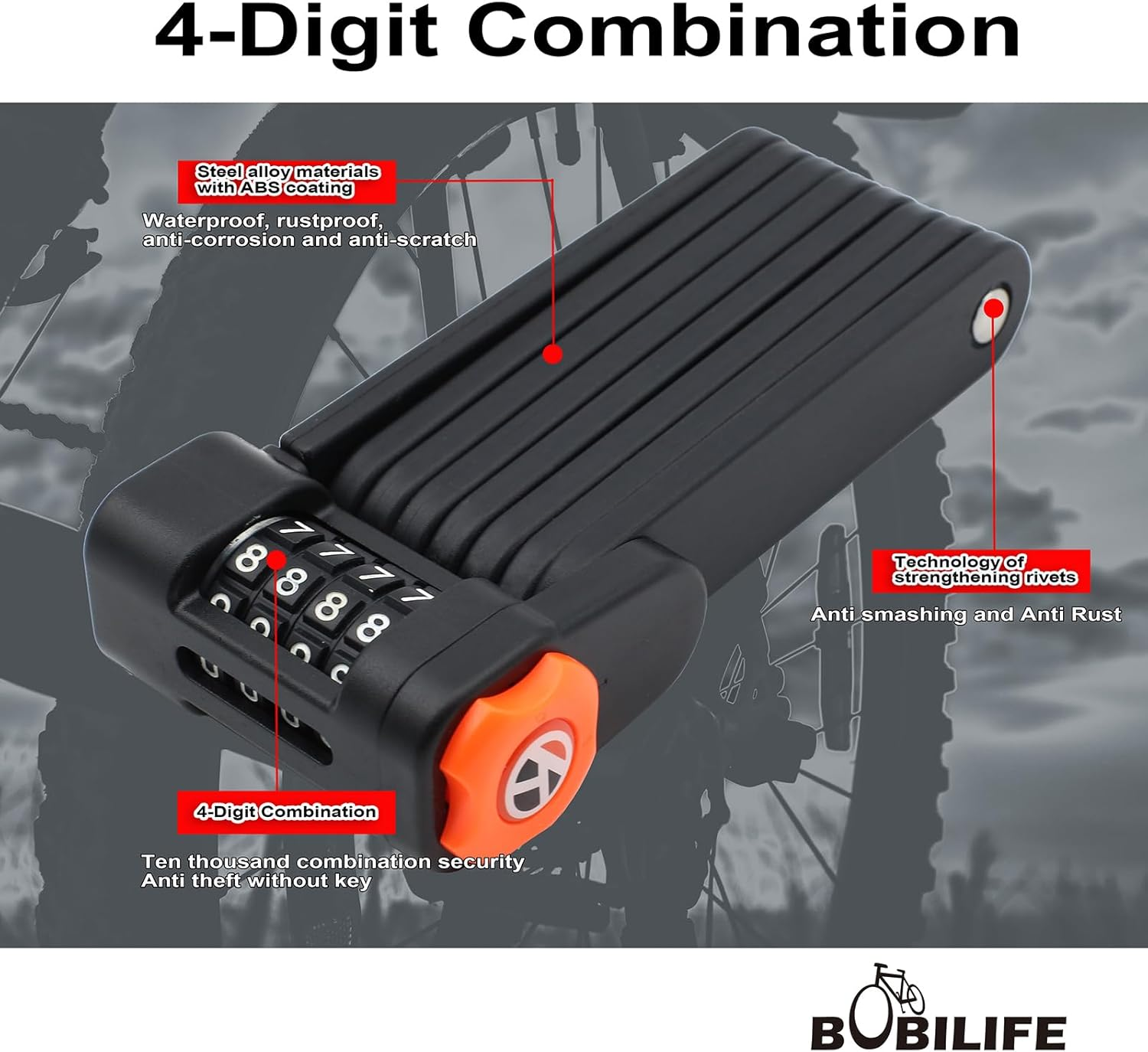 Foldable Bike Lock with Mount Bracket, 4-Digit Combination anti Theft Heavy Duty Alloy Steel Anti-Scratch Bicycle Lock, Waterproof Anti-Rust Folding Bike Chain Lock for Bike Bicycle Ebike and Scooter image number 2