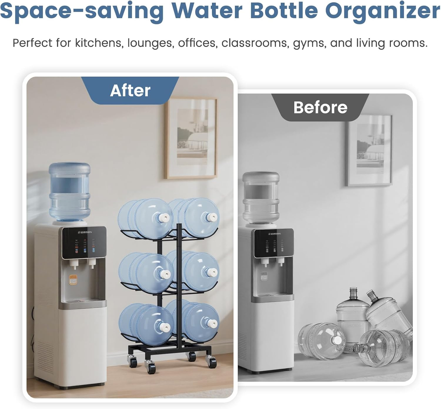 5 Gallon Water Jug Holder with 4 Wheels, 3-Tier Movable Water Bottle Rack Heavy Duty Foldable Water Jug Stand Water Bottle Holder Water Cooler Jug Storage Rack for 6 Bottles image number 4