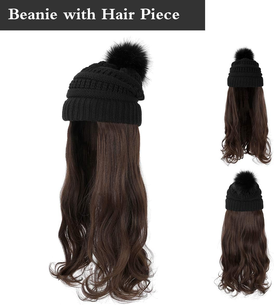 Aynnqueen Beanie with Hair Attached for Women Slouchy Cable Hat Wig Knit Beanie Winter Hat with 20" Removable Hair Extensions image number 4