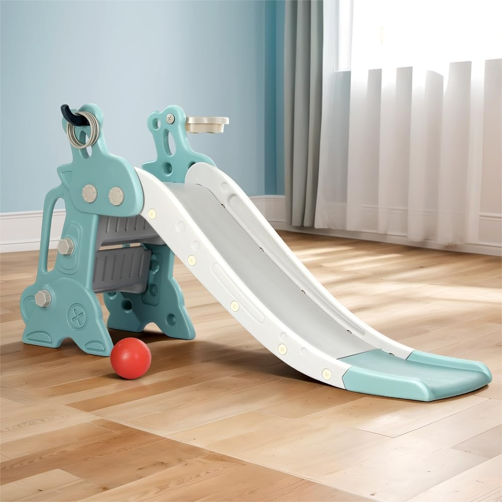 Keezi Kids Slide Swing Set with Basketball Hoop, 3 in 1 Climbing Frame Cubby House Toddler Fold up Cardboard Slides Playground Toy Outdoor Indoor Activity Sports Center Gym, with 4 Rings 140Cm Blue image number 3