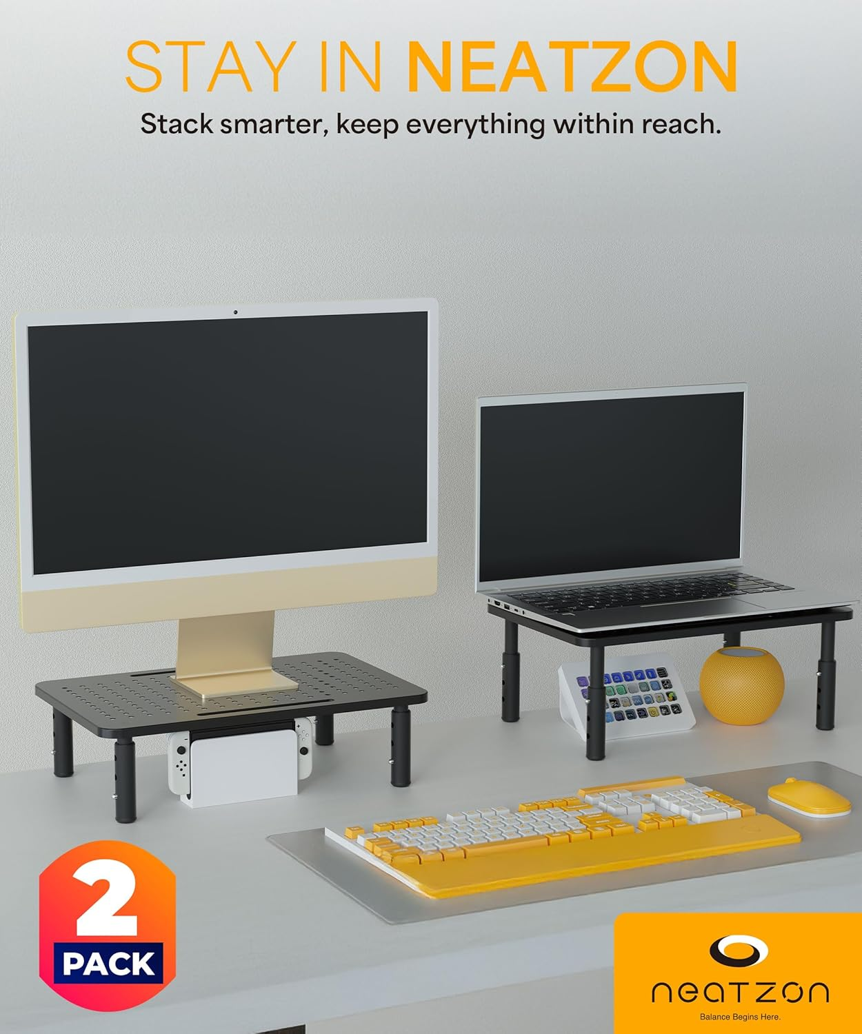 Neatzon Universal Monitor Stand 2 Pack &ndash; 3-Height Adjustable Desktop Riser for Screens, Laptops, and Storage, 6 Cable Management Ties, Easy Assembly, NZ-STAND-01 image number 1