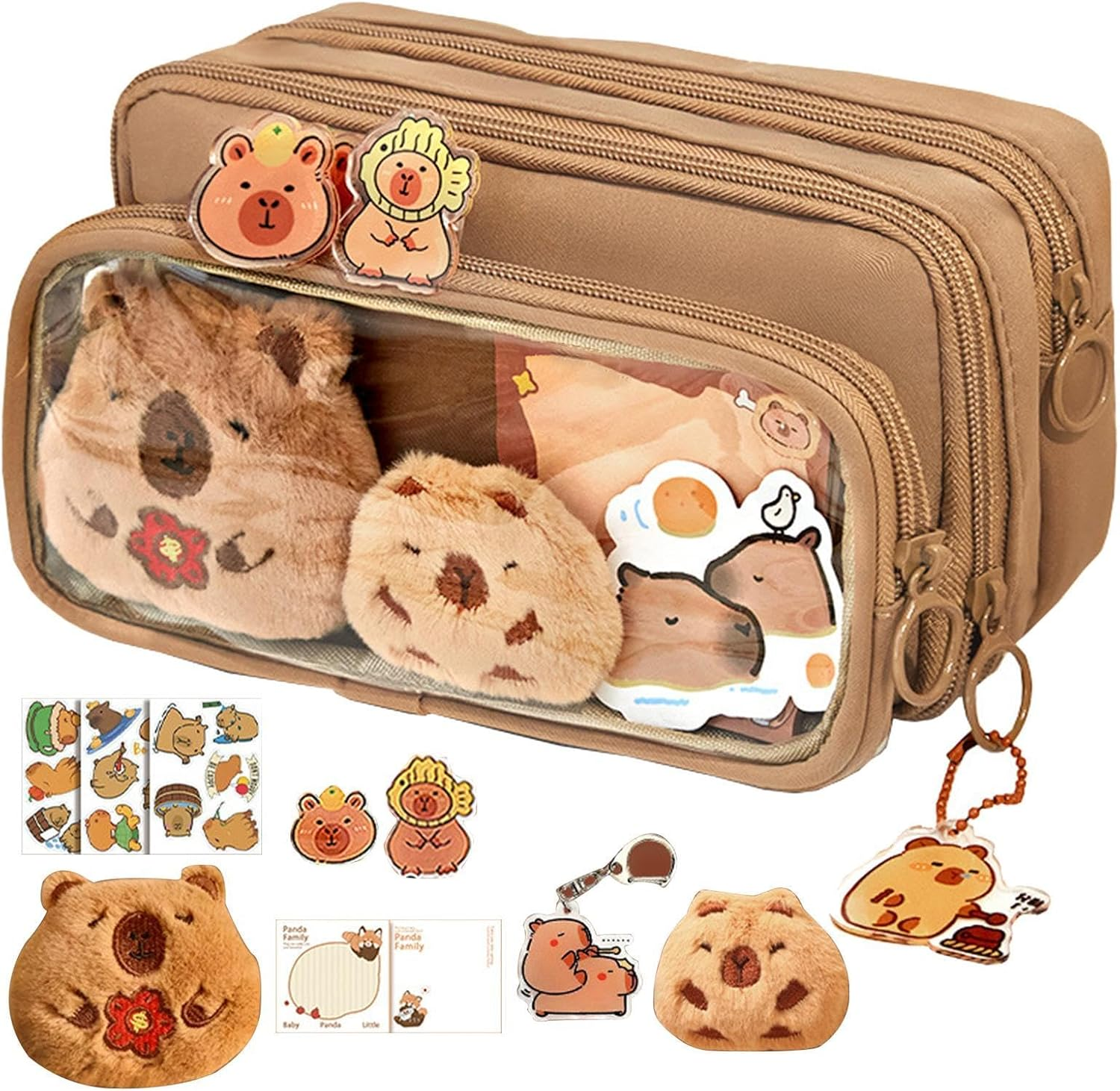Cute Capybara Pencil Case, Pen Bag Capybara with 10 Compartments, Large Capacity Multi-Layer Clear Pencil Pouch with Brooch, Stickers, Pendant, and Memo Pad, Brown, Mass