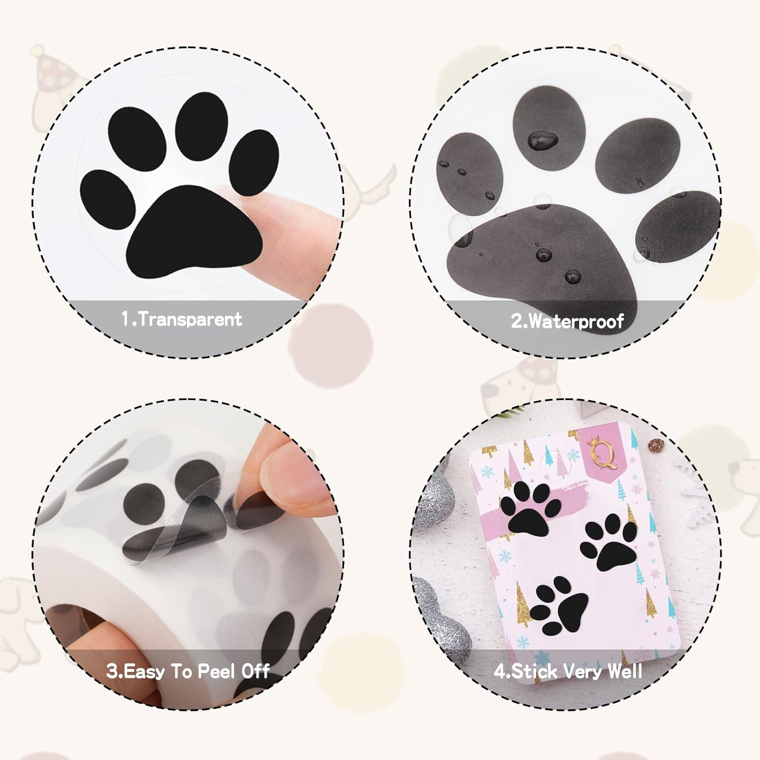 Anwyll Clear Paw Prints Stickers - 500Pcs 1.5Inch Puppy Dog Bear Prints, Self-Adhesive Transparent Black Patrol Stickers Roll for Birthday Envelope Seal Card Gift Packaging image number 3