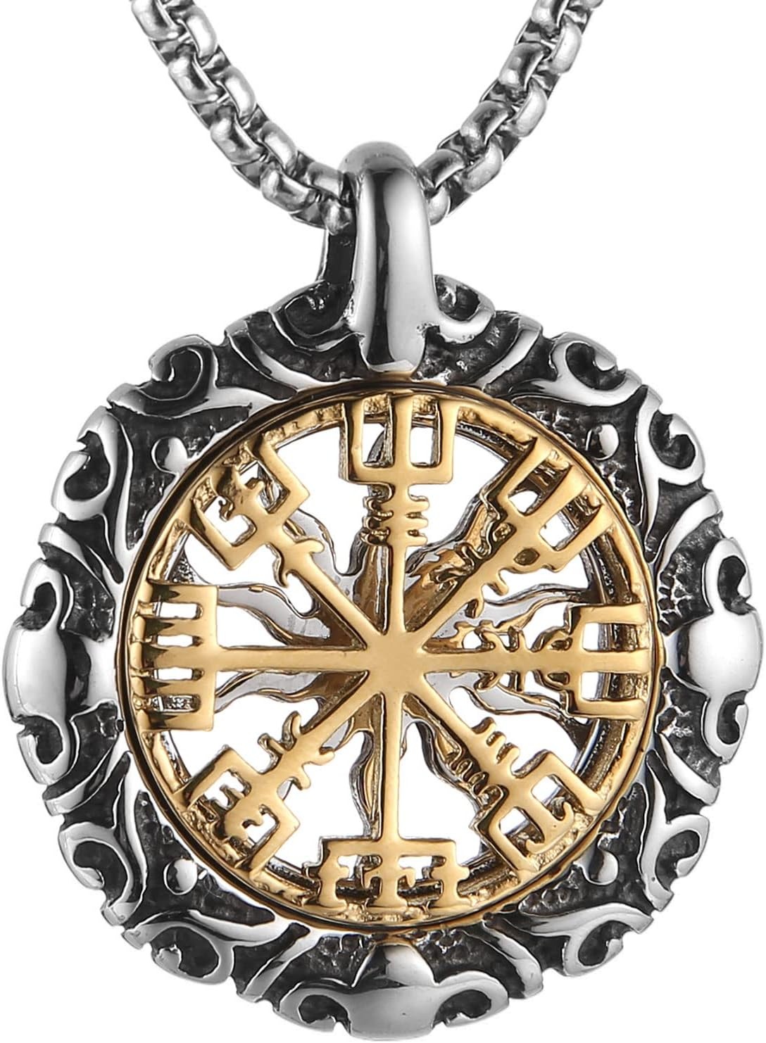 HZMAN Viking Vegvisir Norse Compass Stainless Steel Necklace Double-Sided Hollow Engraving Sun Totem Pendant Norse Amulet Jewelry