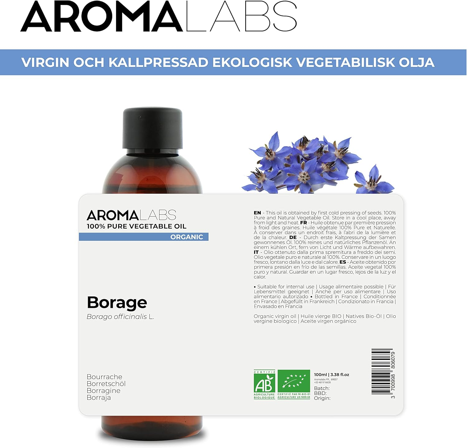 ORGANIC - BORAGE Oil - 100Ml - 100% Pure, Natural, Cold Pressed and AB Certified - AROMA LABS (French Brand)