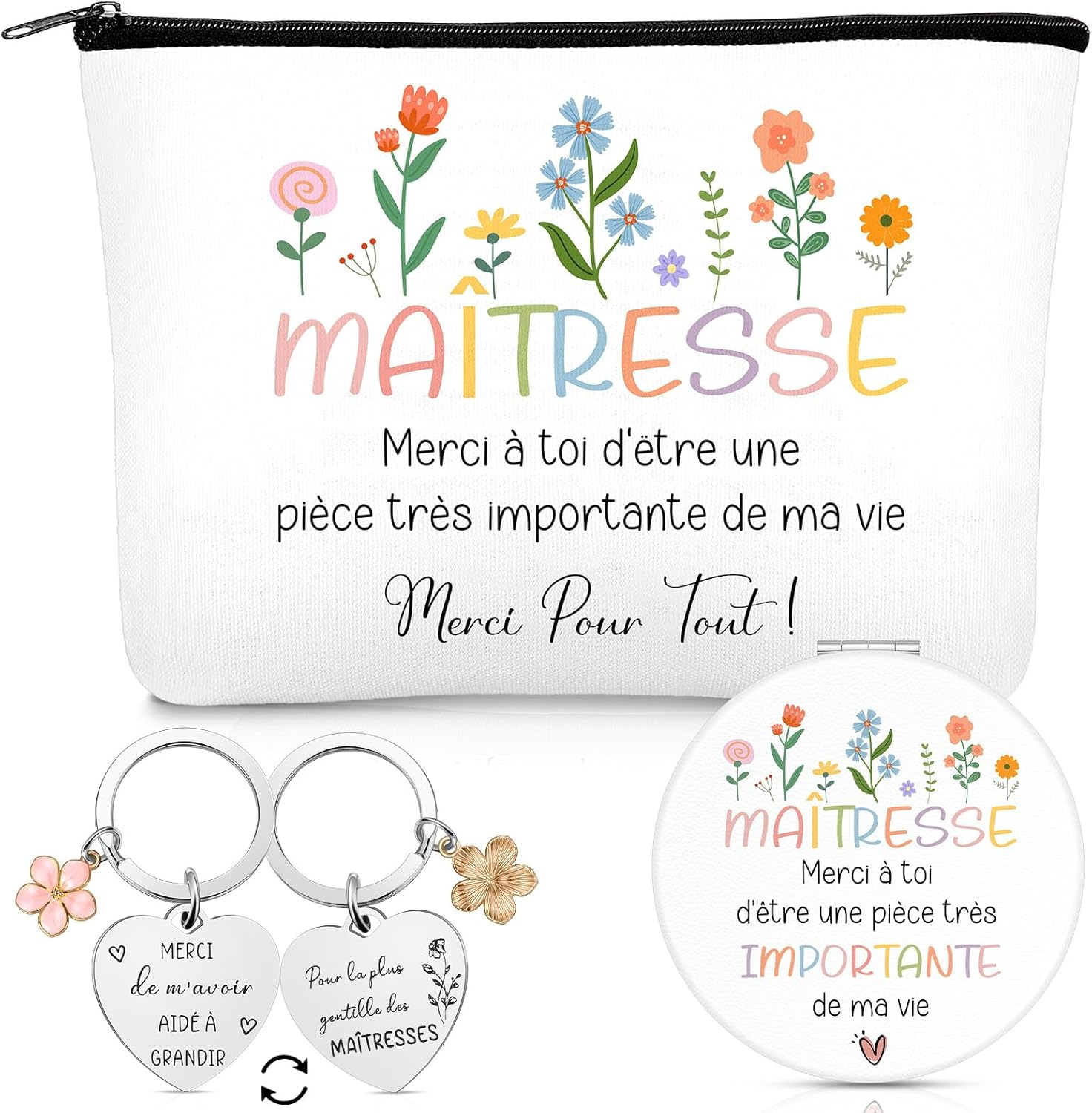 Xuniea Set of 3 Thank You Gift Set for Teachers Includes 1 Cosmetic Bag for Teachers, 1 Makeup Mirror with Magnifying Glass and 1 Double-Sided Keyring with Engraving image number 6