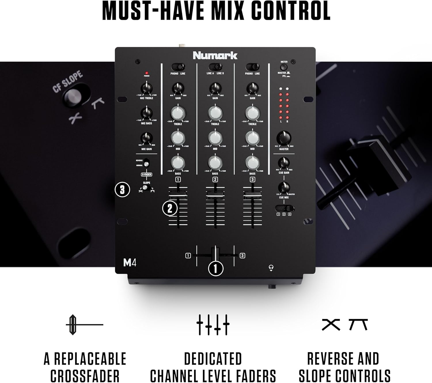 Numark M4 - 3-Channel Scratch DJ Mixer, Rack Mountable with 3-Band EQ, Microphone Input and Replaceable Crossfader with Reverse and Slope Controls - Silverblack image number 3