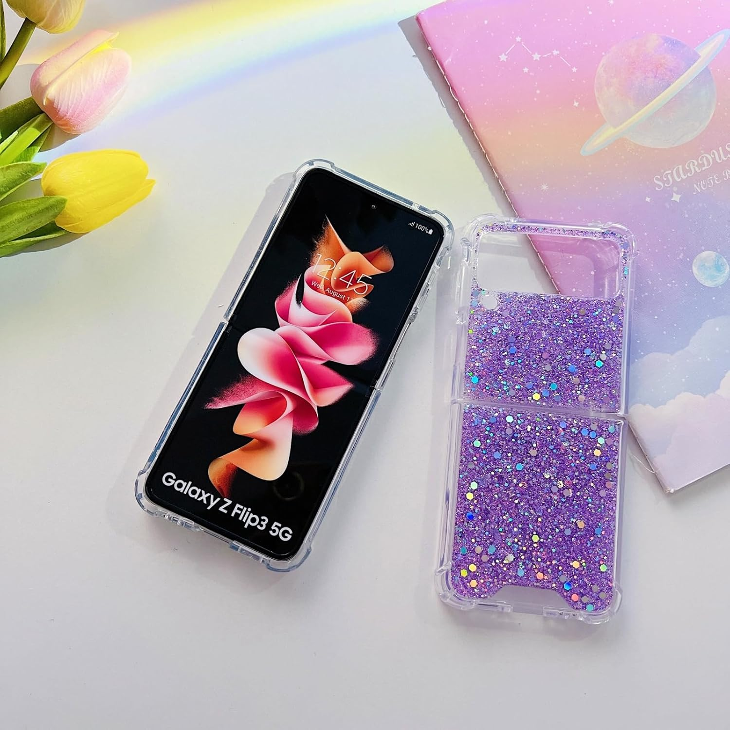 UEEBAI Case for Samsung Galaxy Z Flip 4 5G, Pretty Bling Glitter Case for Women Cute Shiny Sparkle Phone Case for Girls Bling Stars Cover Four Corner Shockproof Slim Fit Flip Case - Purple image number 5
