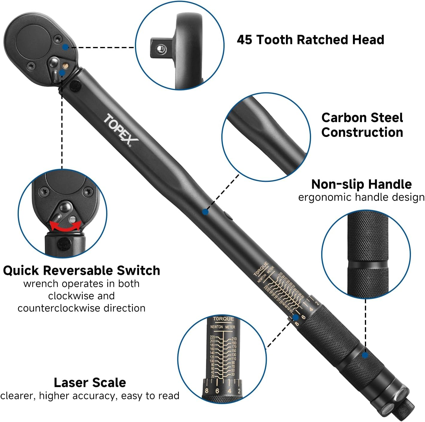 TOPEX 1/2" Drive Click Torque Wrench, 20-220 Nm / 14.7-162.2 Ft-Lb, Dual Scale, &plusmn;4% Accuracy, Reversible Ratchet, Durable Carbon Steel, Heavy Duty for Automotive & Mechanical Use image number 5