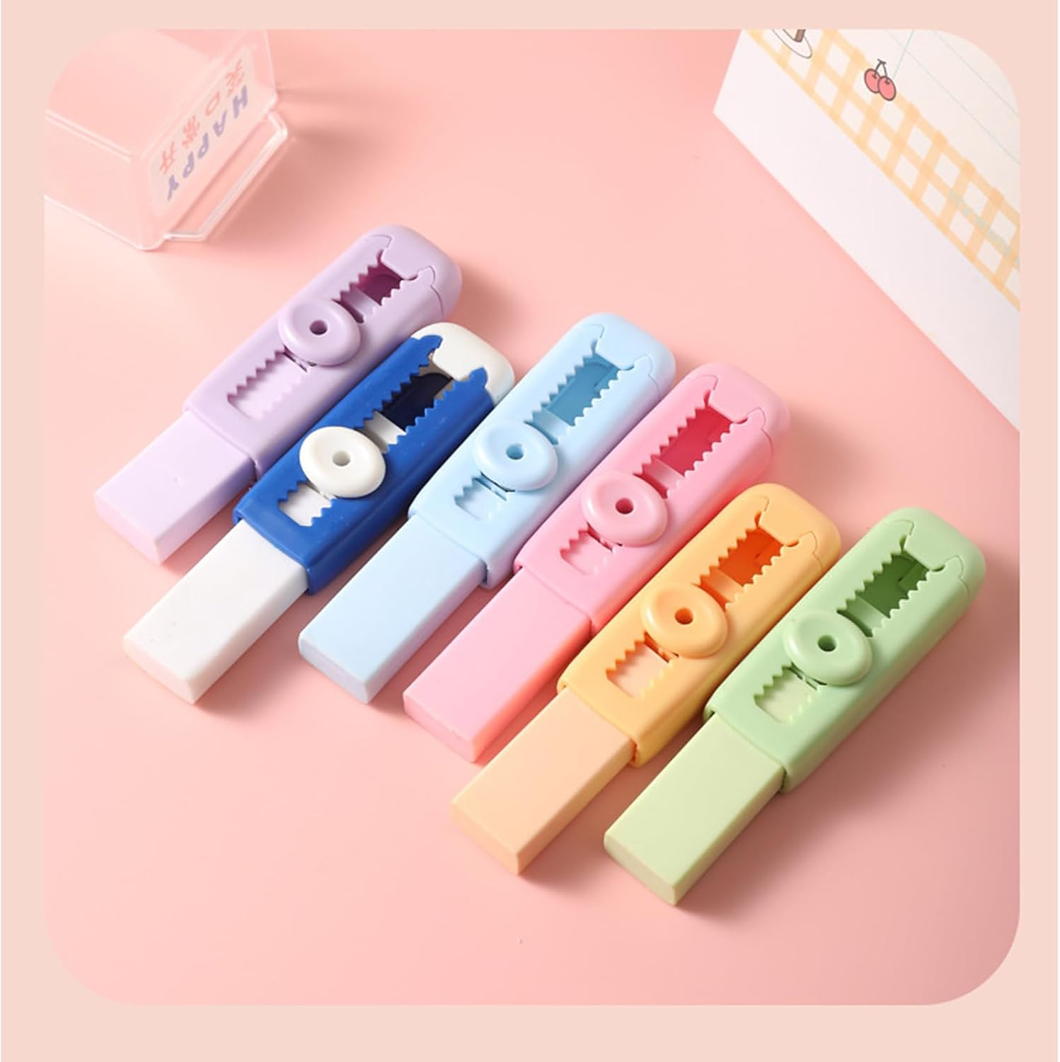 4+1Pack Rubber Erasers Sliding Retractable Eraser, Assorted Soft Colors Pastel Erasers Push Pull Aesthetic with for Students Kids, School Office Home Supplies (Blue and White) image number 4