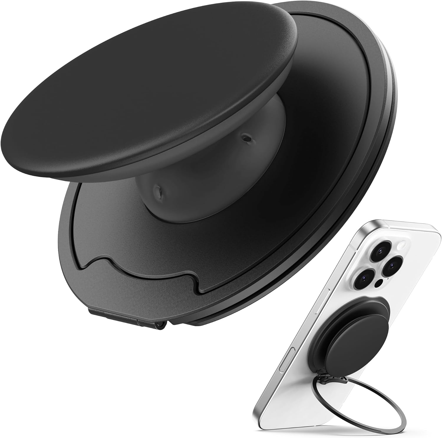 Sinjimoru for Magsafe Phone Grip &mdash; 3000G Magnetic Hold, Soft Silicone Comfort, Metal Plate Included, Iphone 17/16/15/14/13, M-Tap Tok Ring Stand Space Gray