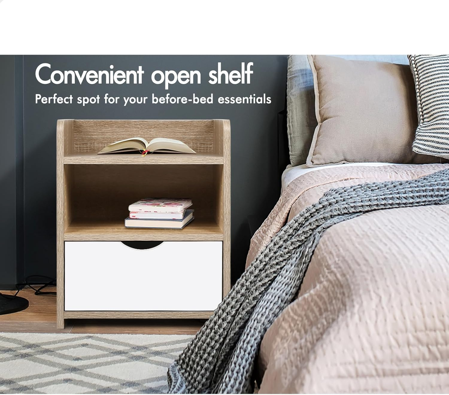 ALFORDSON Hamptons Bedside Table, 37.5Wx 34Dx 45Hcm, Bedroom Nightstand Cabinet, Wooden Sofa Side Chest End Table with Ample Drawer, Open Shelf, Hallway, Living Room Storage Furniture, Wood White - 1 Drawer-Shelves-Black-Air Gap Handle image number 5