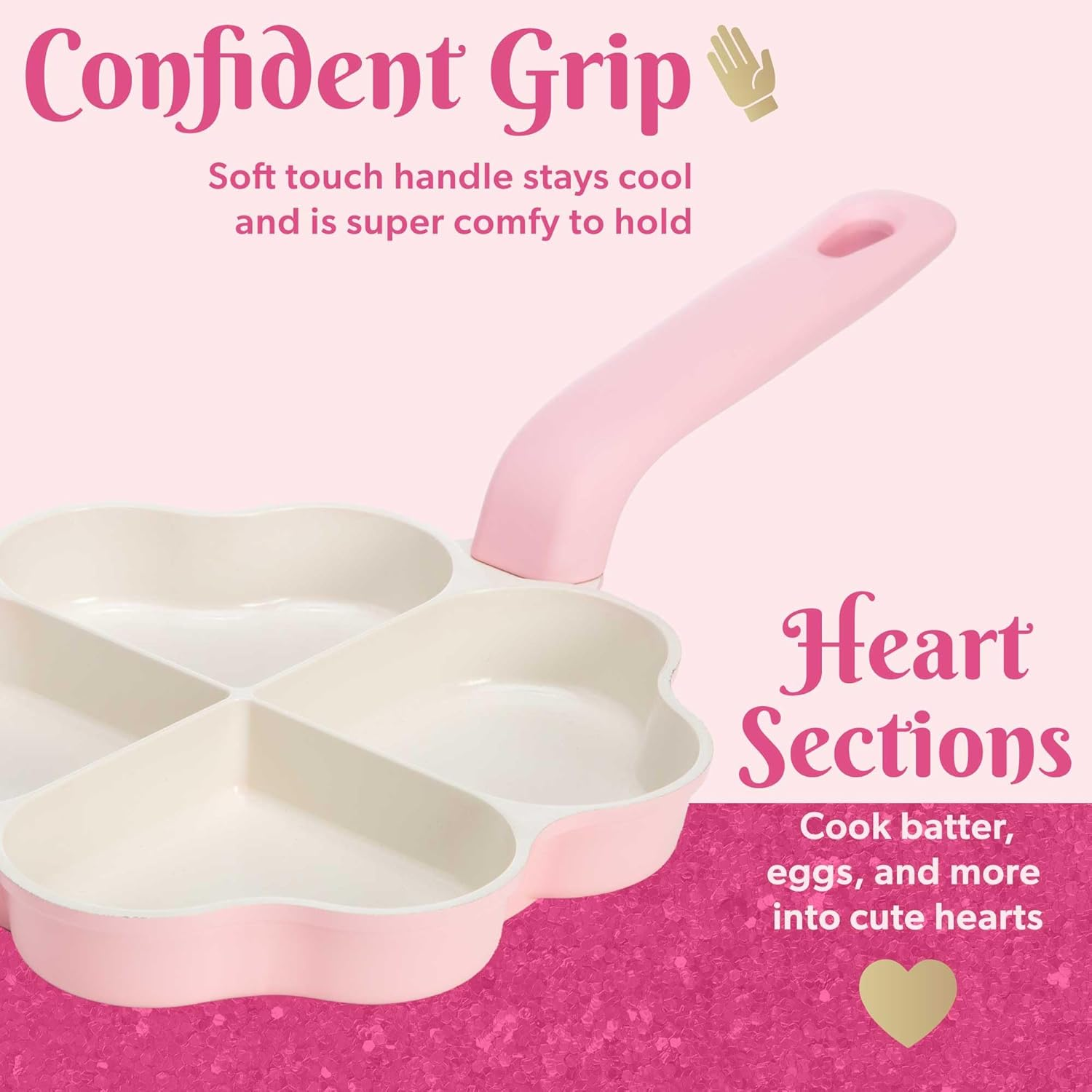 Paris Hilton Heart-Shaped Divided Fry Pan, Ceramic Nonstick Frying Pan with Individual Heart Sections, Dishwasher Safe, 8-Inch, Pink