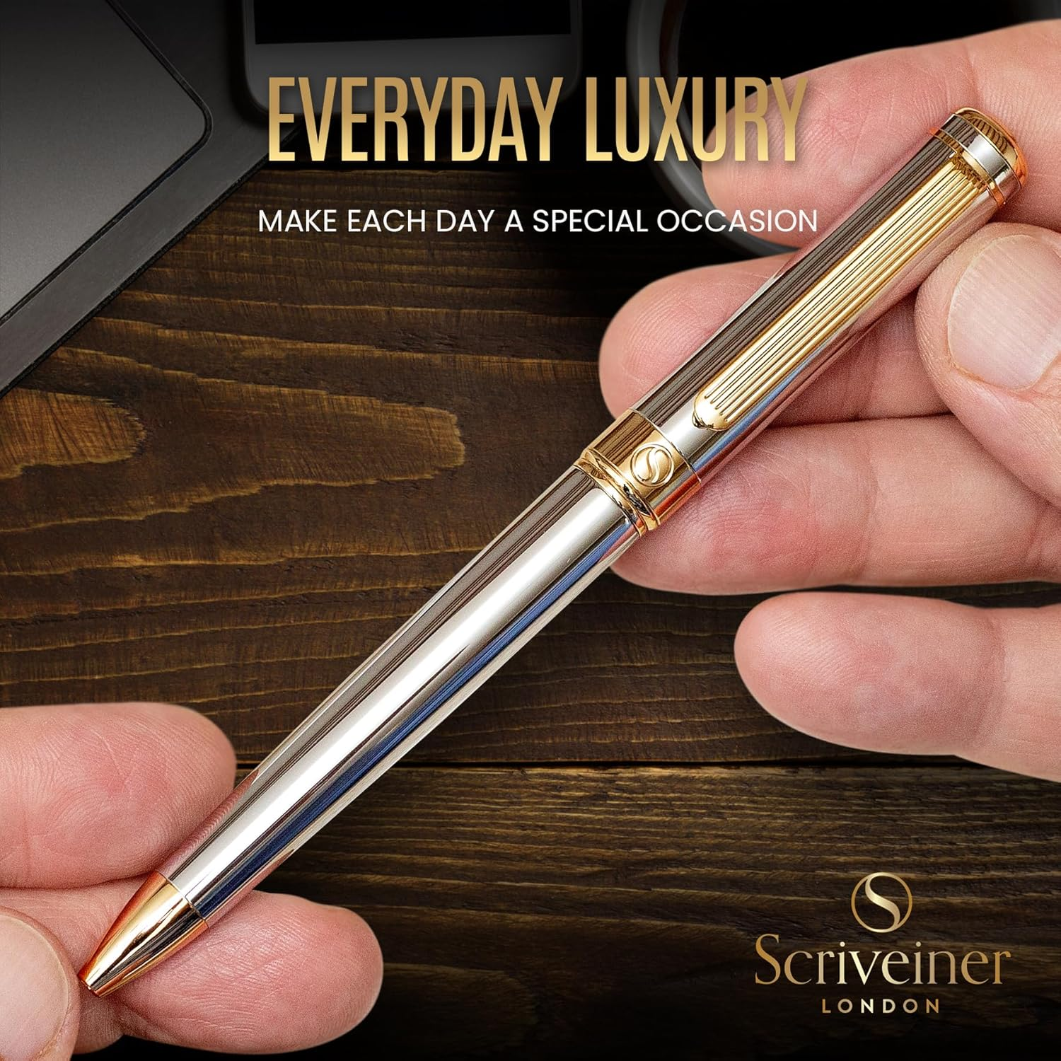 Silver Chrome Ballpoint Pen - Stunning Luxury Pen with 24K Gold Finish, Schmidt Black Refill, Best Ball Pen Gift Set for Men & Women, Professional, Executive, Office, Nice, Fancy Pens - Black With Gold image number 3