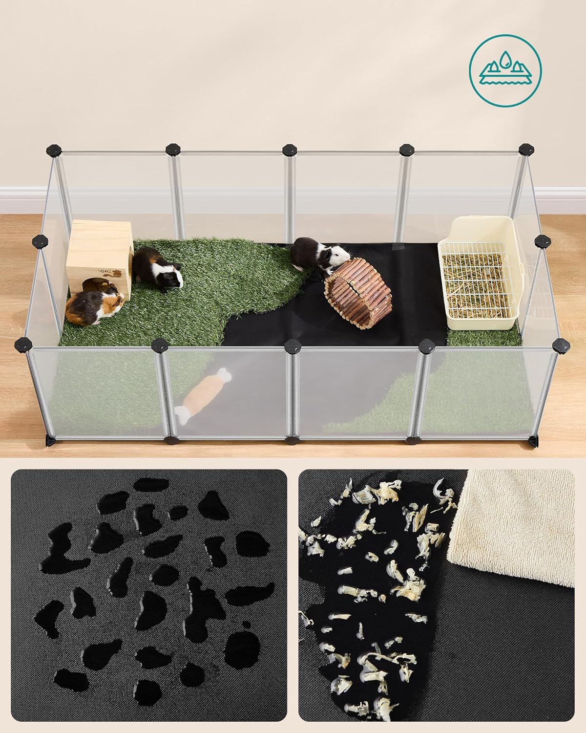 SONGMICS Pet Playpen with Waterproof and Removable Floor and Mat, Small Animal Fence, for Hamsters, Rabbits, Hedgehogs, Guinea Pigs, 143 X 73 X 46 Cm, White LPC012W01 image number 3