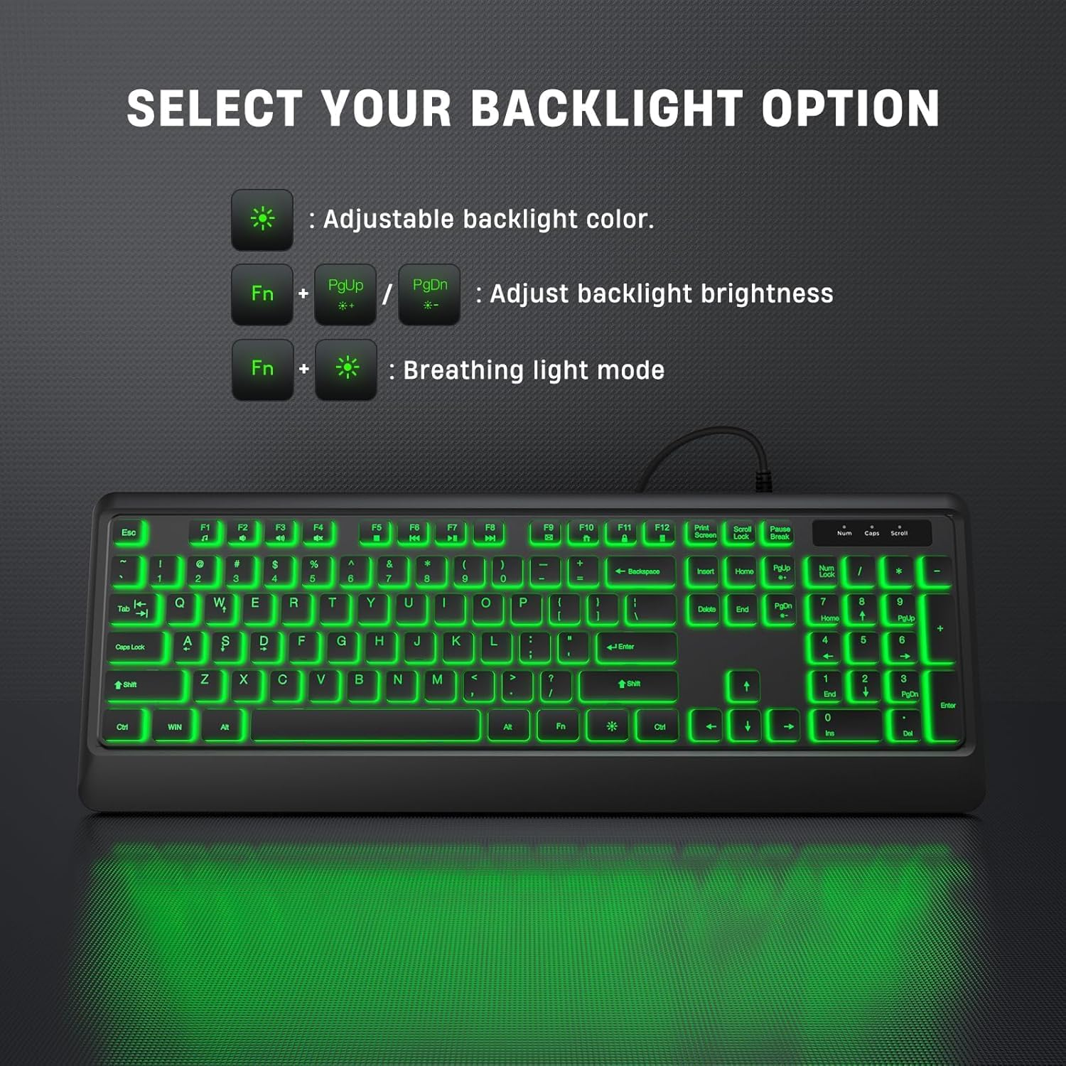 BERGUF Quiet Keyboard - 7 Interchangeable Backlight Colors, Light up USB Wired Computer Keyboards, USB Plug-And-Play, Foldable Stands, Corded Full Size Keyboard for Windows, PC, Laptop (Medium) image number 5
