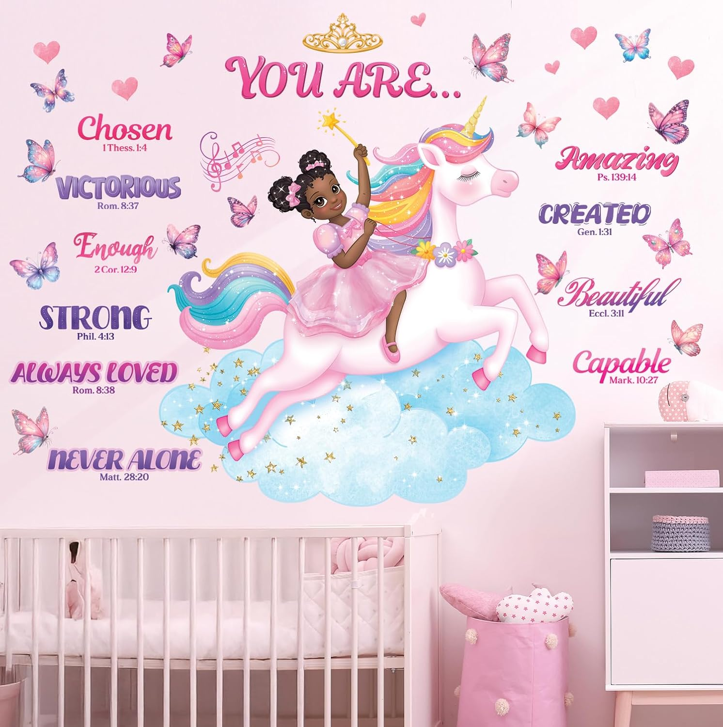 DECOWALL SG2-2503 Black Girl Unicorn Bible Verse Wall Stickers Decals Inspirational Girls Bedroom Nursery Peel and Stick Princess Decor Butterflies Kids Baby Removable Home Art Quotes image number 1